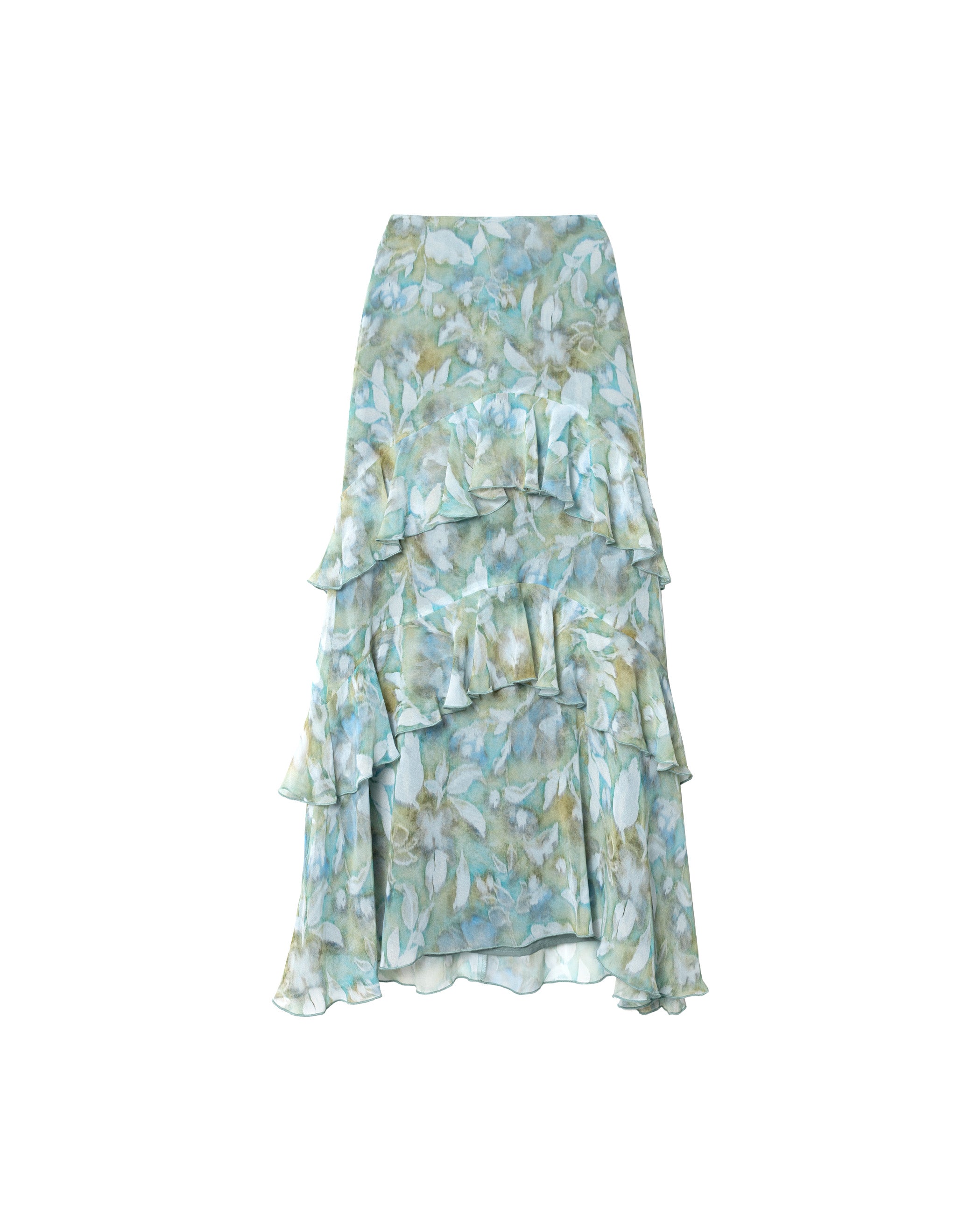 Saia Midi Evasé com Folhos Azul-claro-5