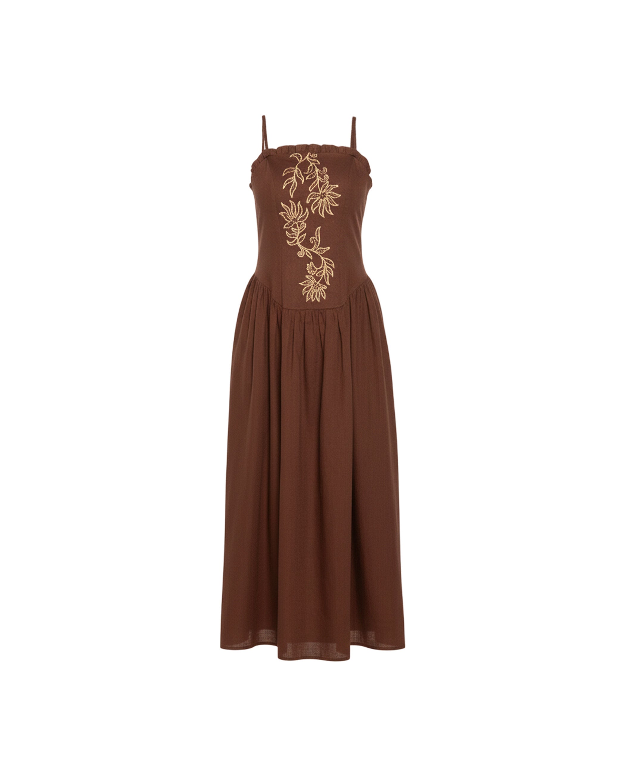 Vestido Midi de Alças com Bordados Castanho-5