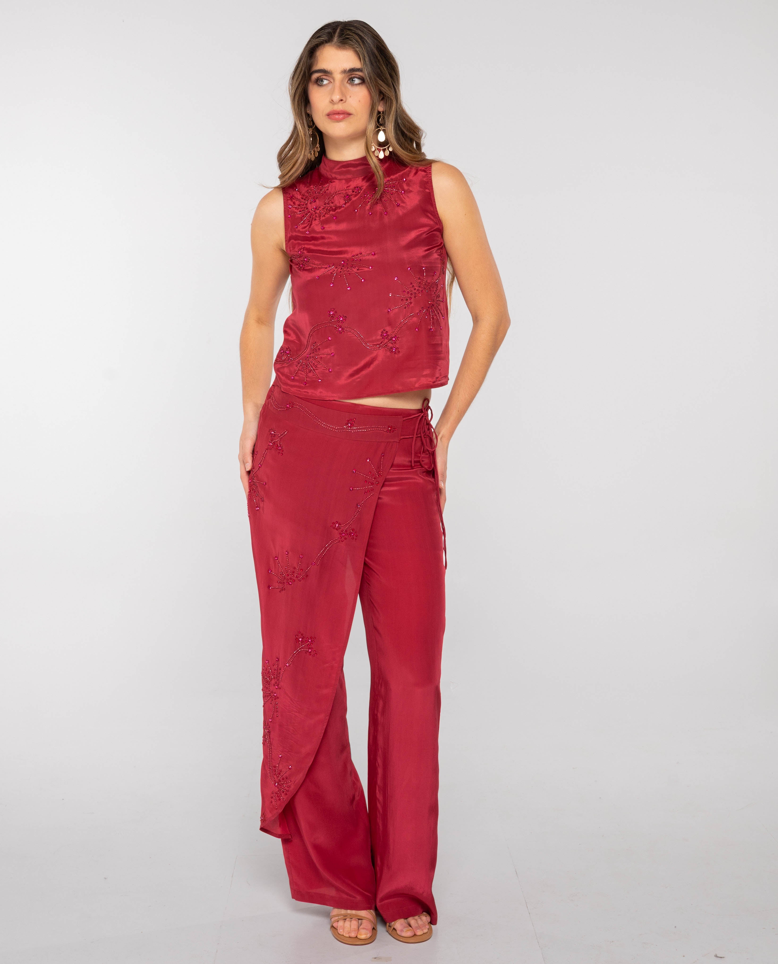 Blusa sem Mangas com Tecido Bordado com Abalorios Terracota-4