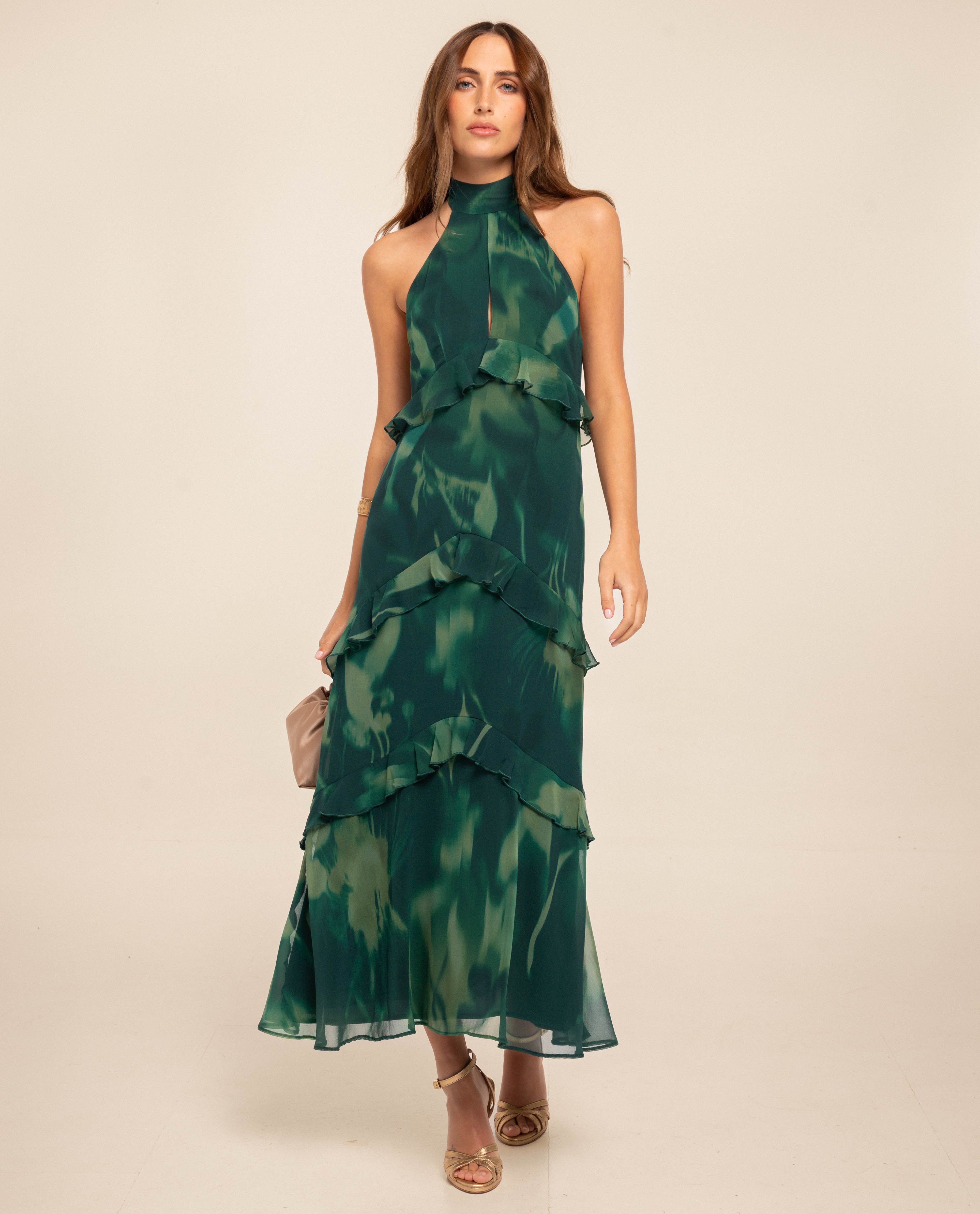 Imagem 0 de Vestido Midi sem Mangas com Gola Chaminé e Folhos