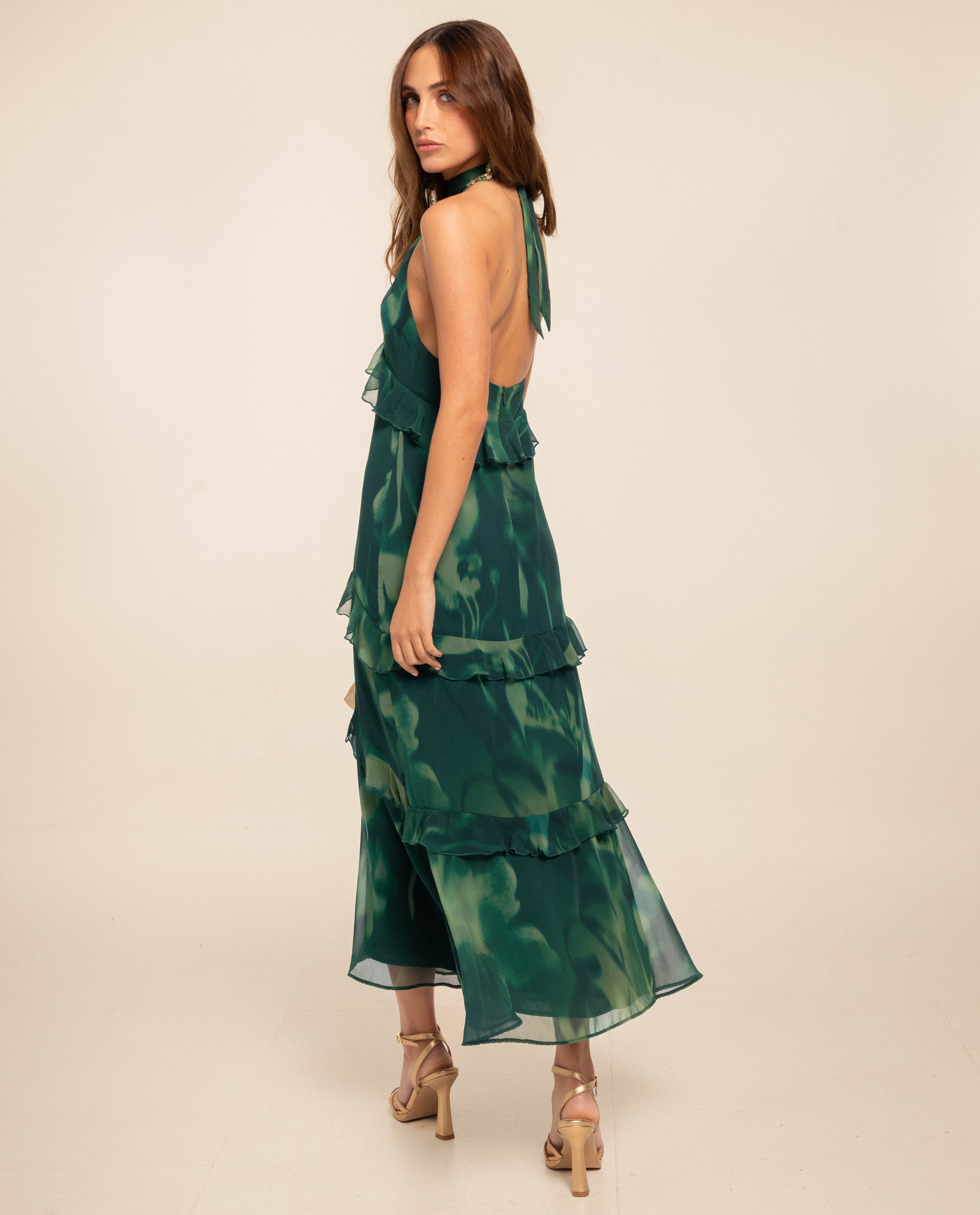 Vestido Midi com Decote Halter e Folhos Esmeralda-3
