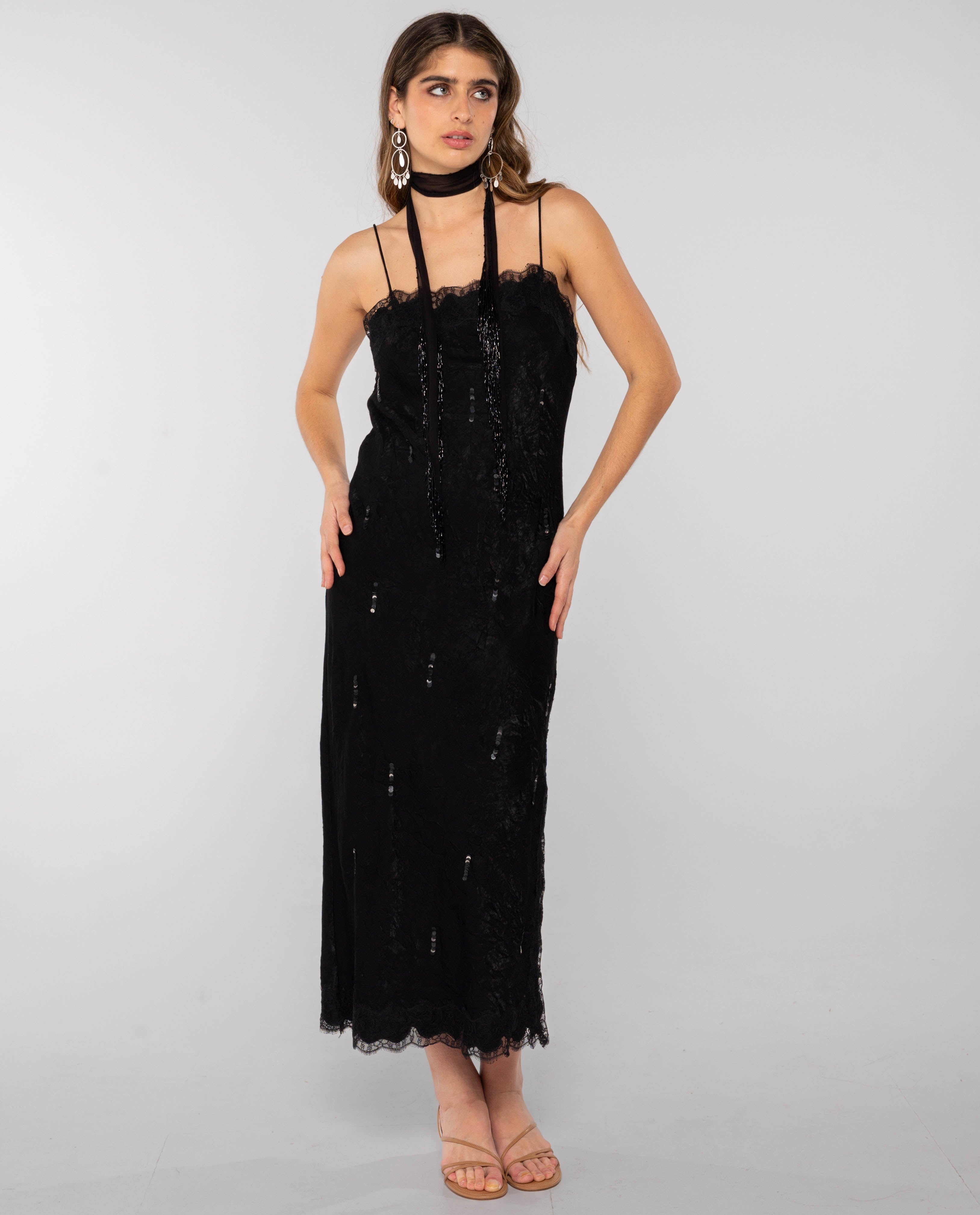 Vestido Midi Estilo Lingerie com Renda e Abertura Lateral Preto-2