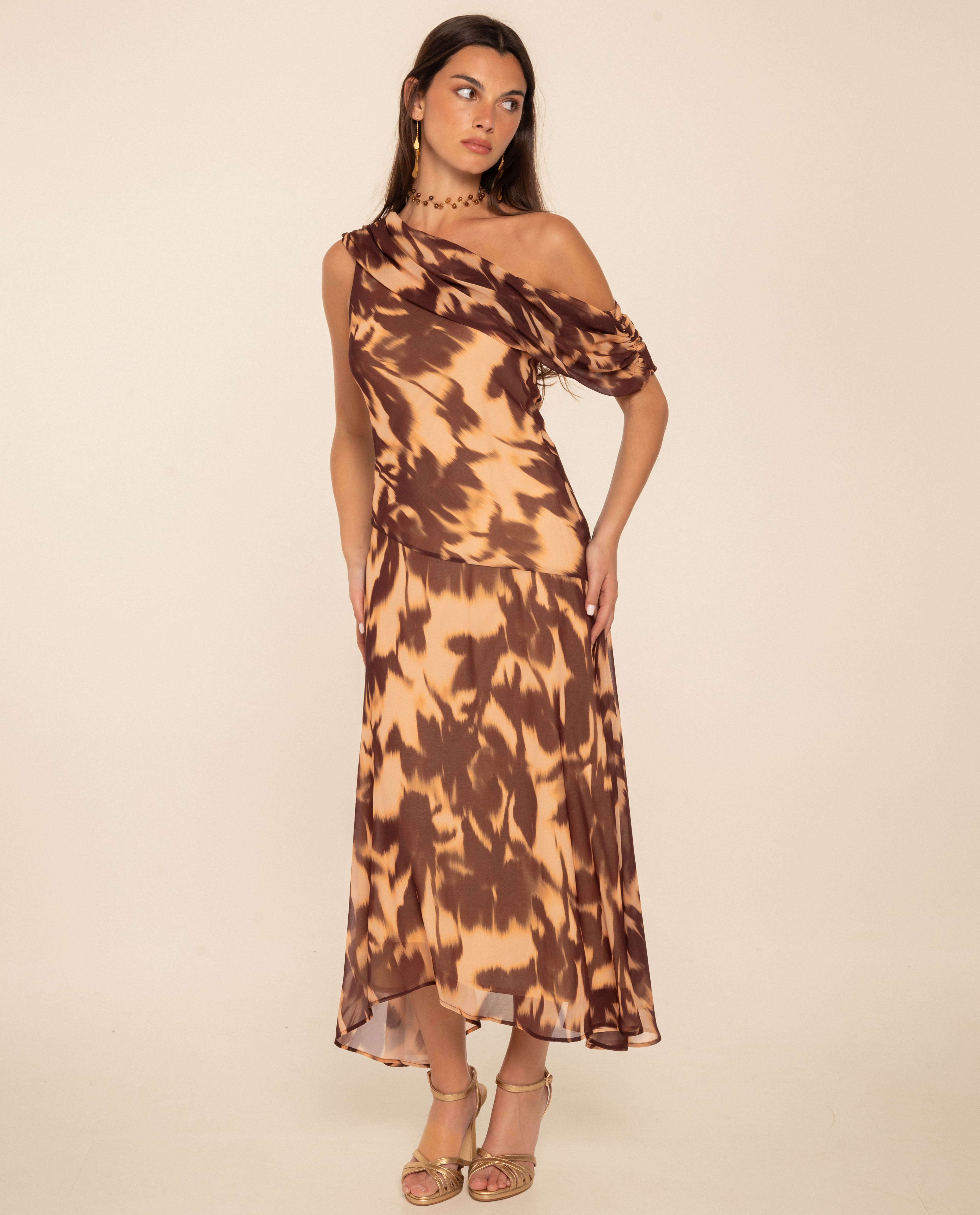 Vestido Midi Assimétrico Estampado Castanho-2