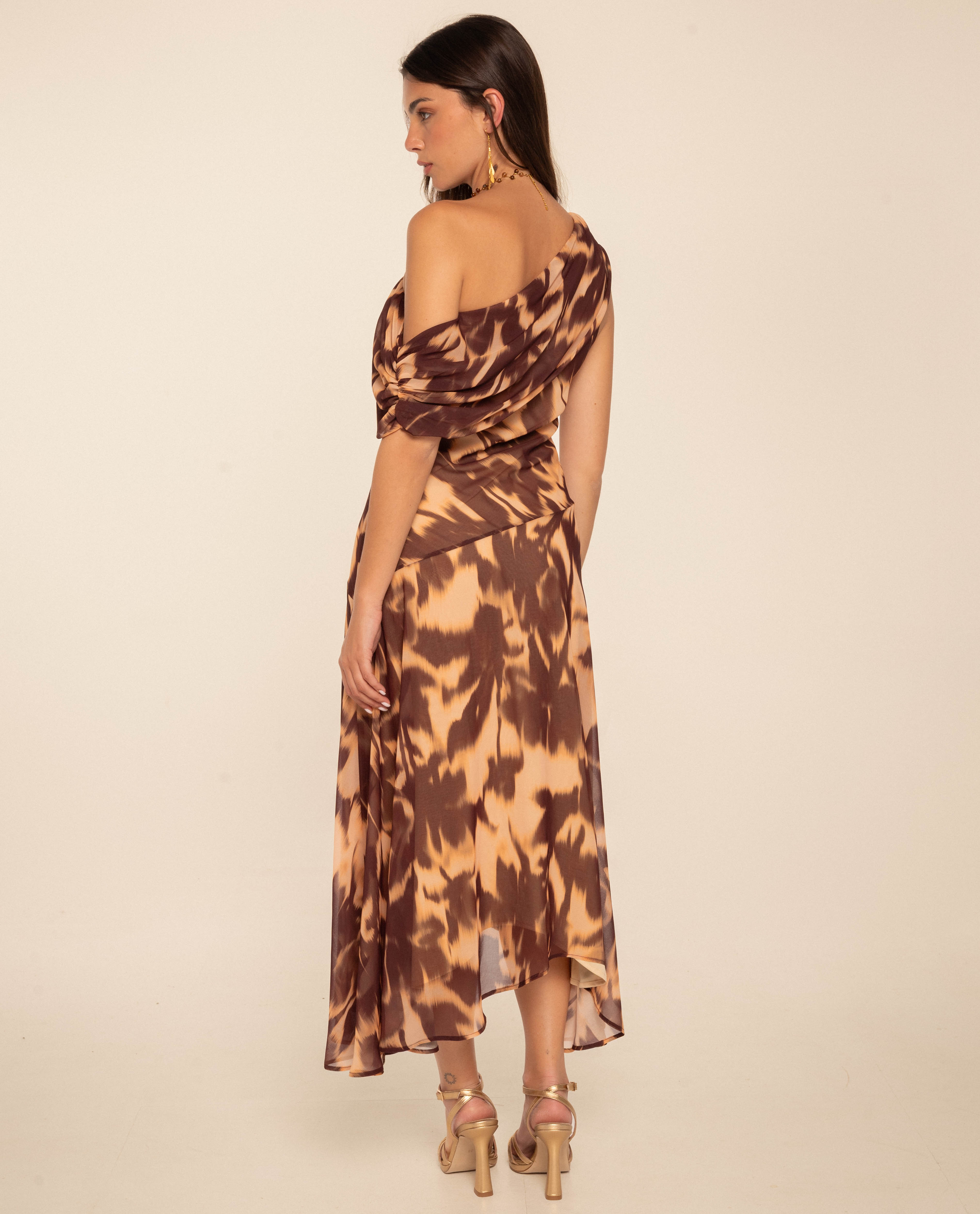 Vestido Midi Assimétrico Estampado Castanho-3