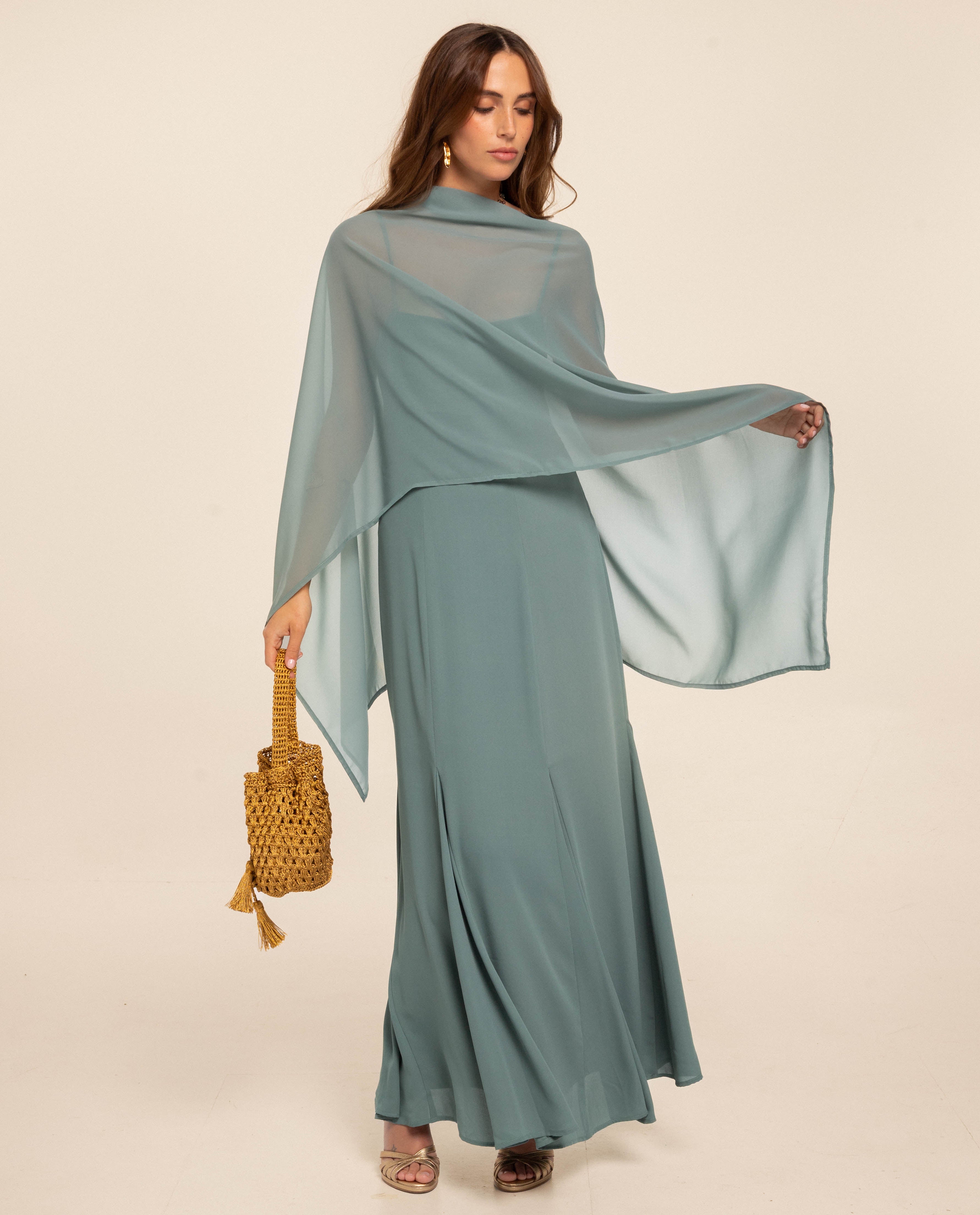 Vestido Midi de Corte Império com Alças Azul-acinzentado-2