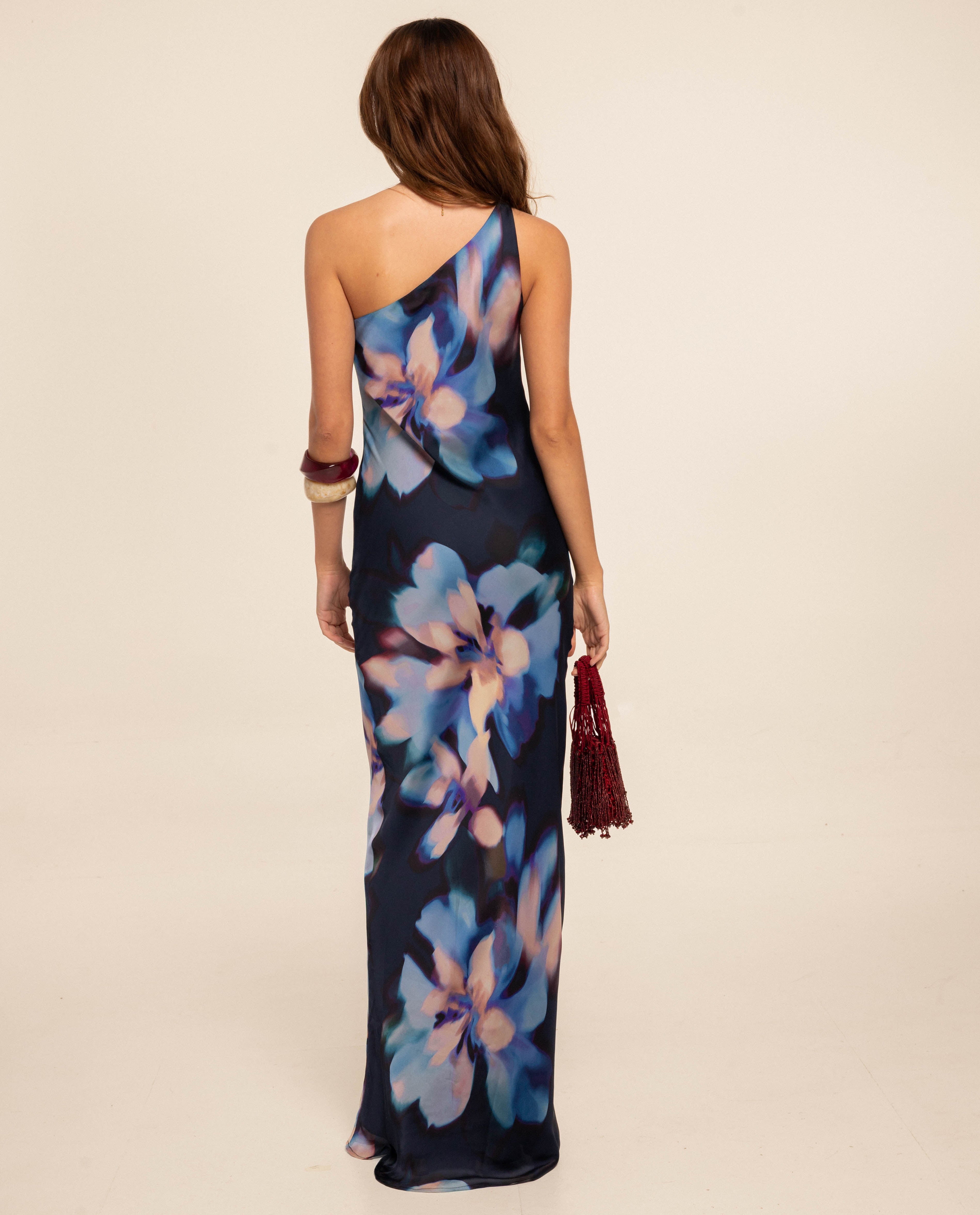 Vestido Comprido com Decote Assimétrico Azul-marinho-4