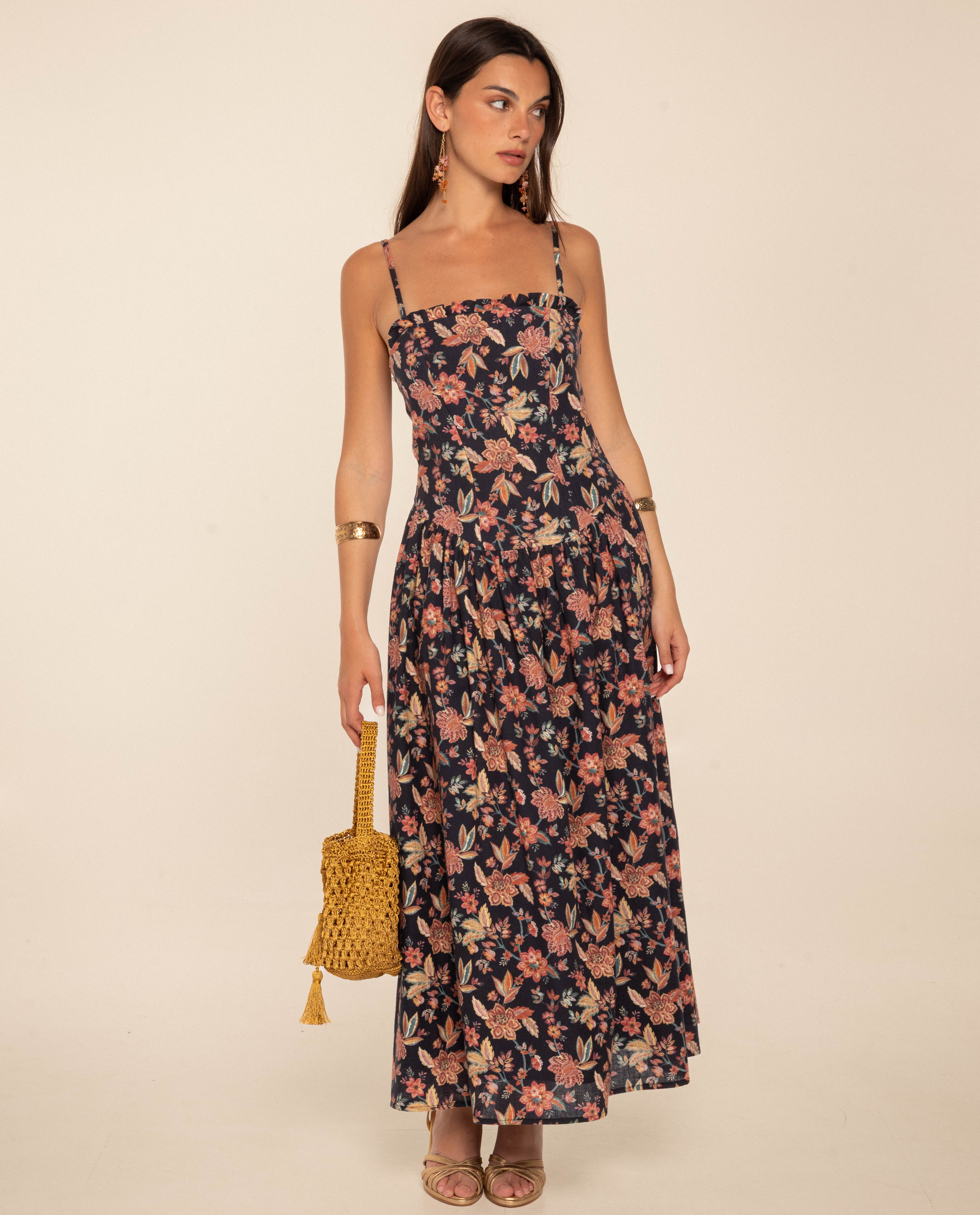 Vestido Midi com Alça Fina de Algodão Azul-marinho-2