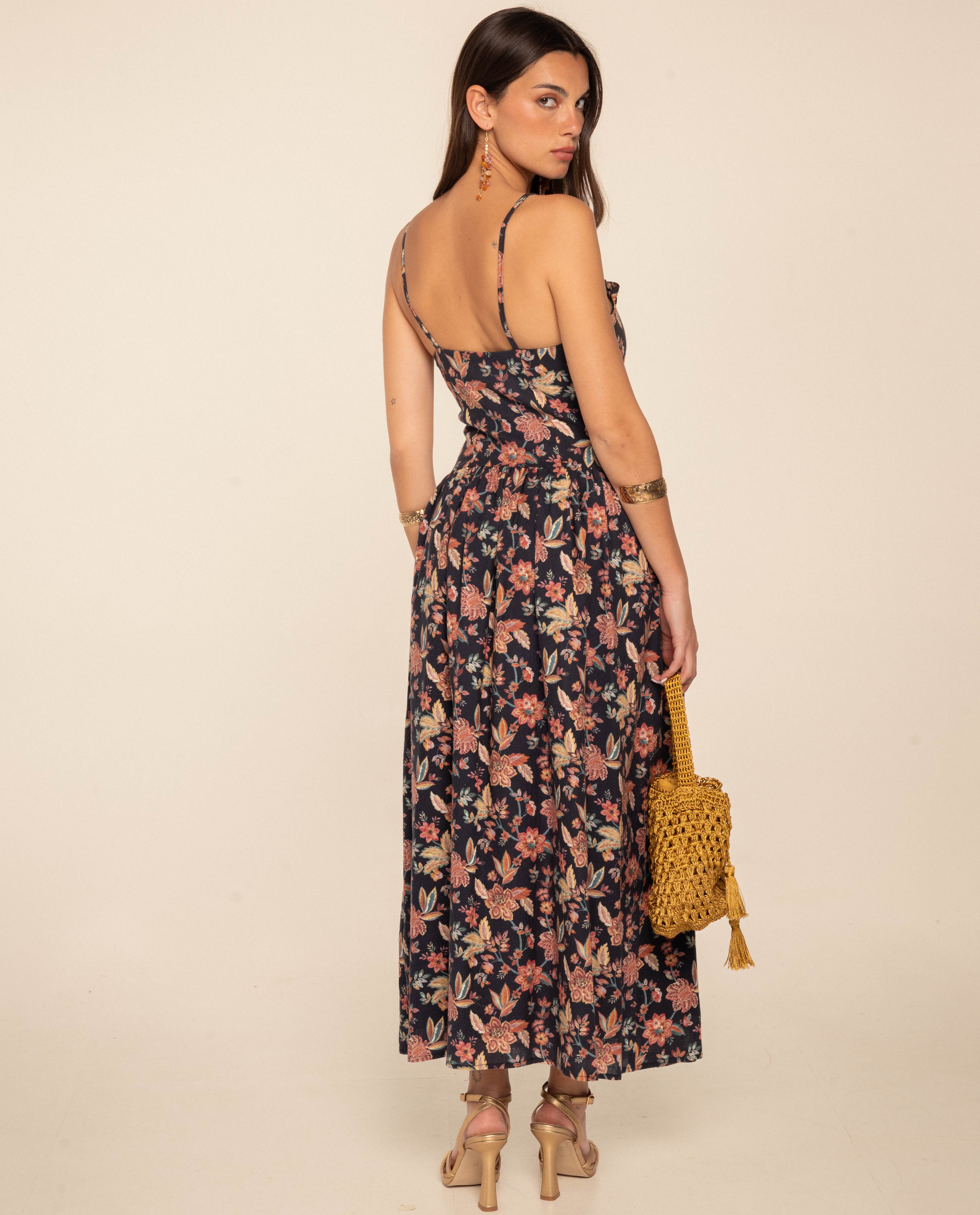 Vestido Midi com Alça Fina de Algodão Azul-marinho-3
