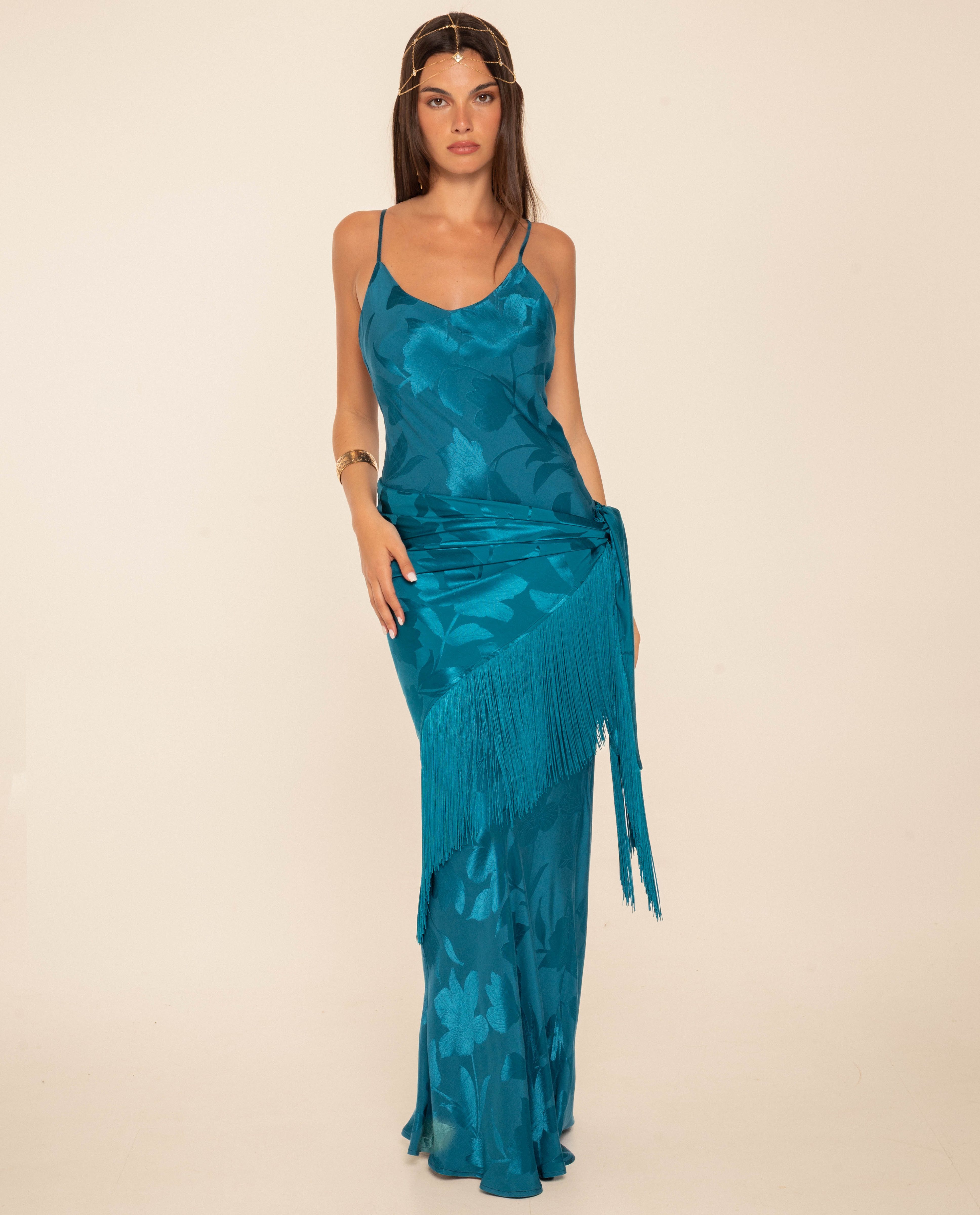 Vestido Comprido Interior de Alças e Decote em V Turquesa-2