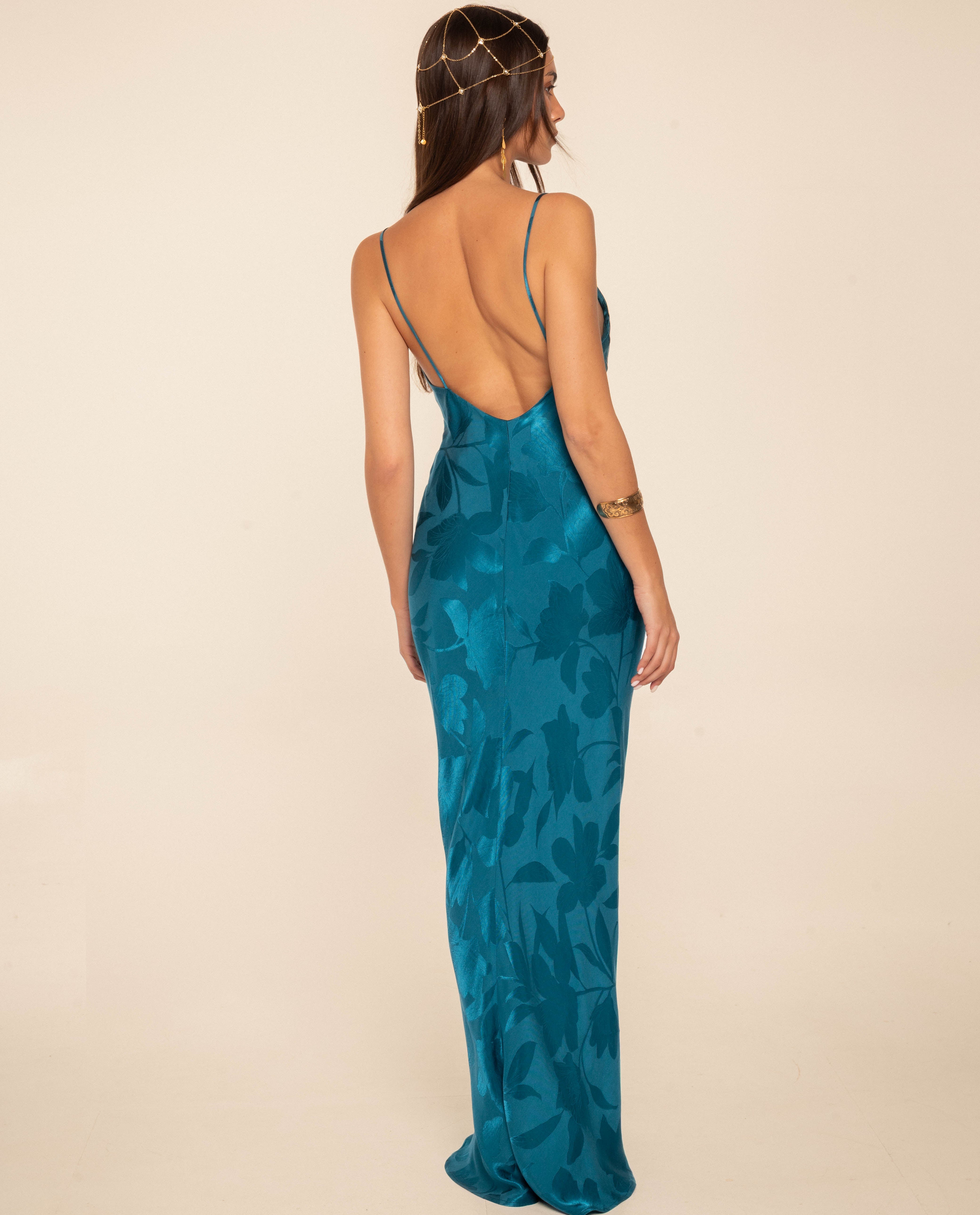 Vestido Comprido Interior de Alças e Decote em V Turquesa-3