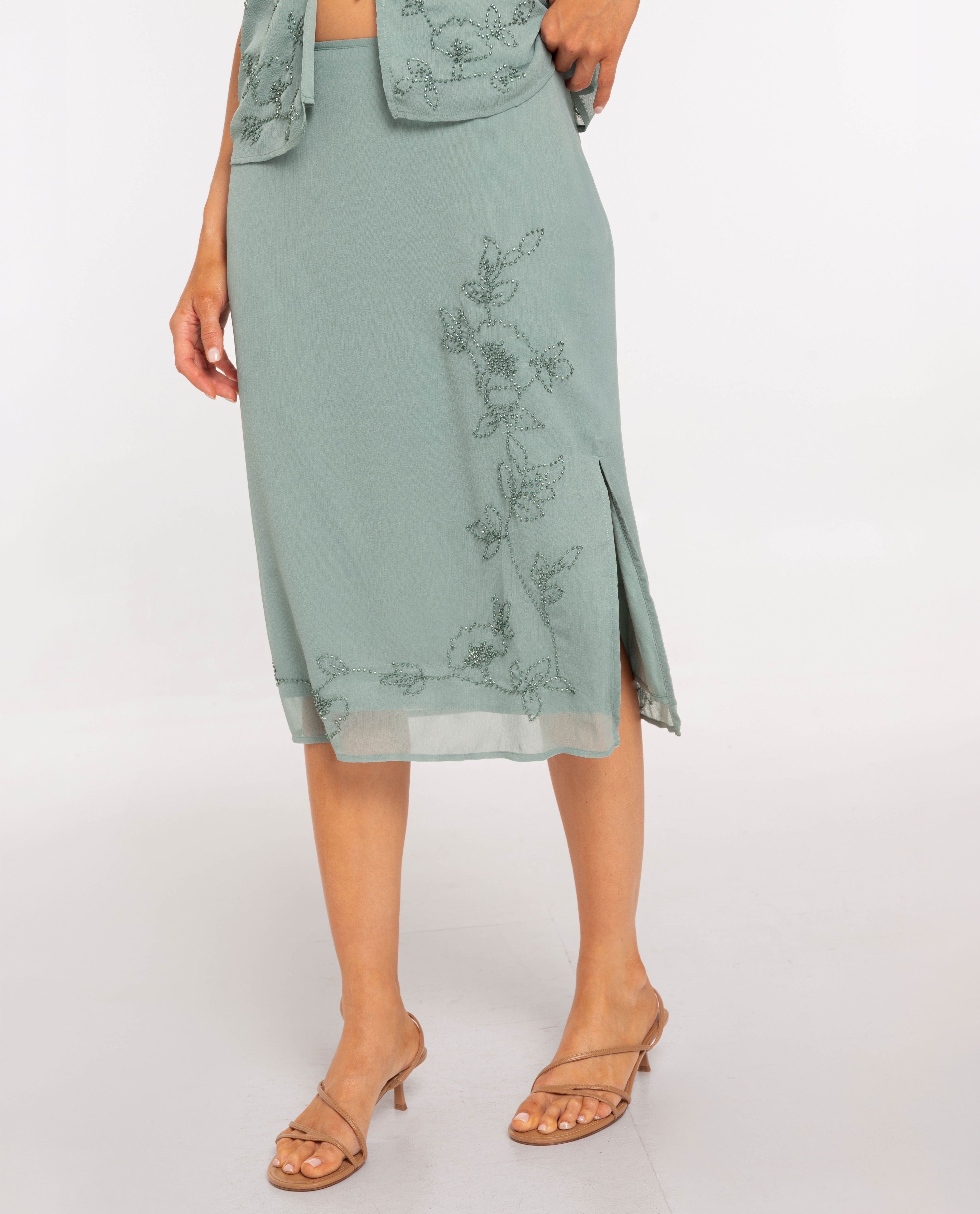 Saia Midi Bordada com Pedras Turquesa-2