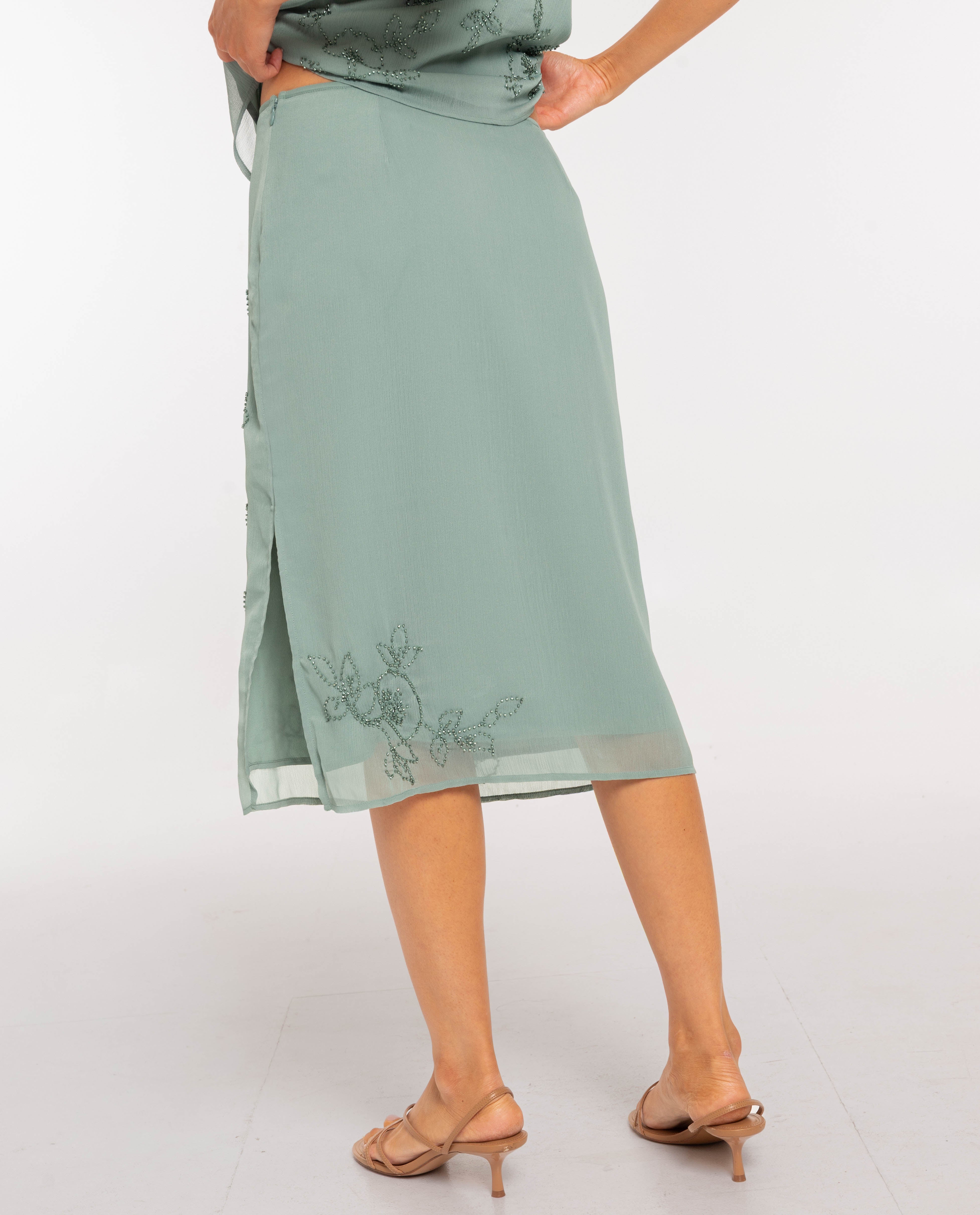 Saia Midi Bordada com Pedras Turquesa-3