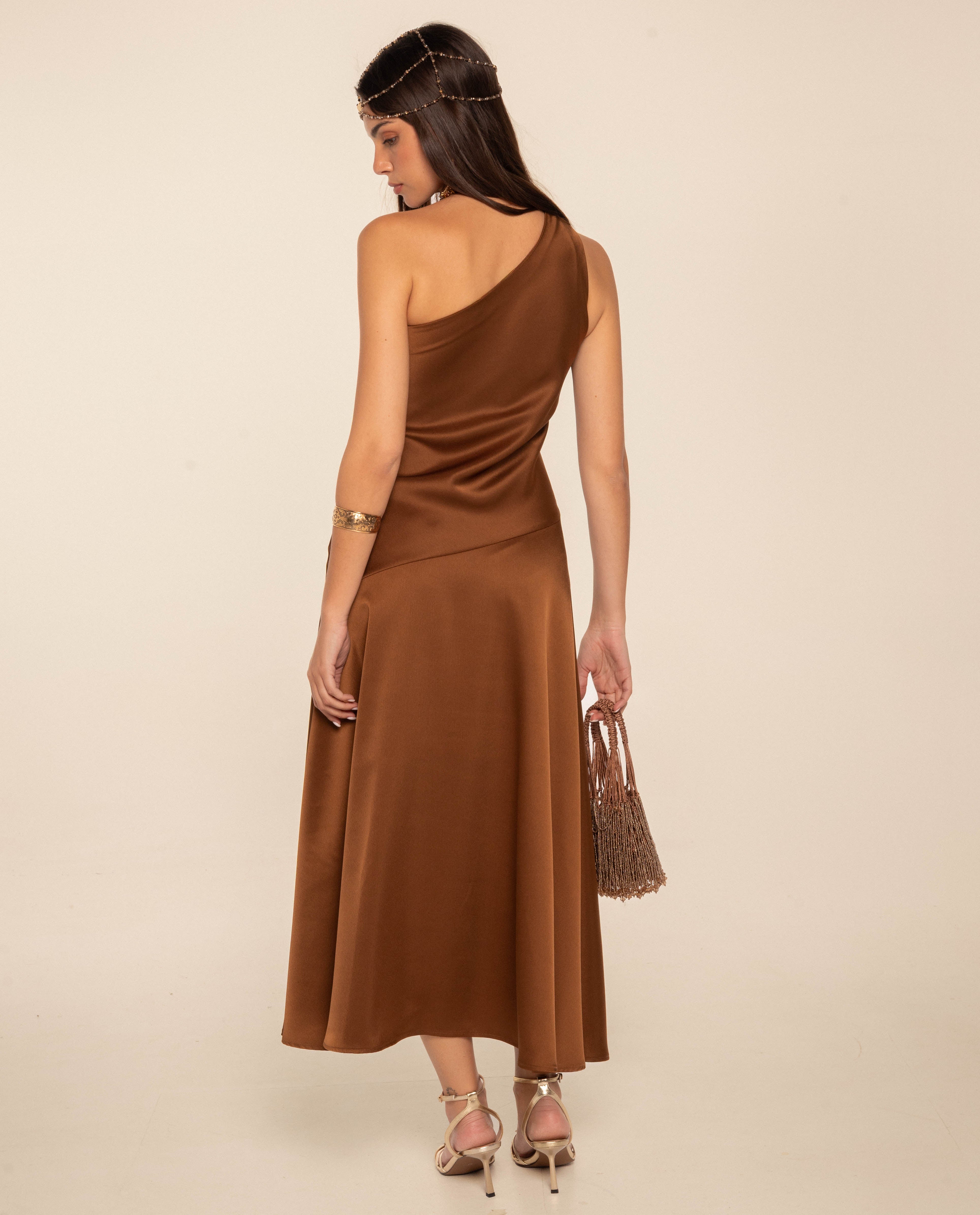 Vestido Midi com Decote Assimétrico e Saia de Capa Castanho-3