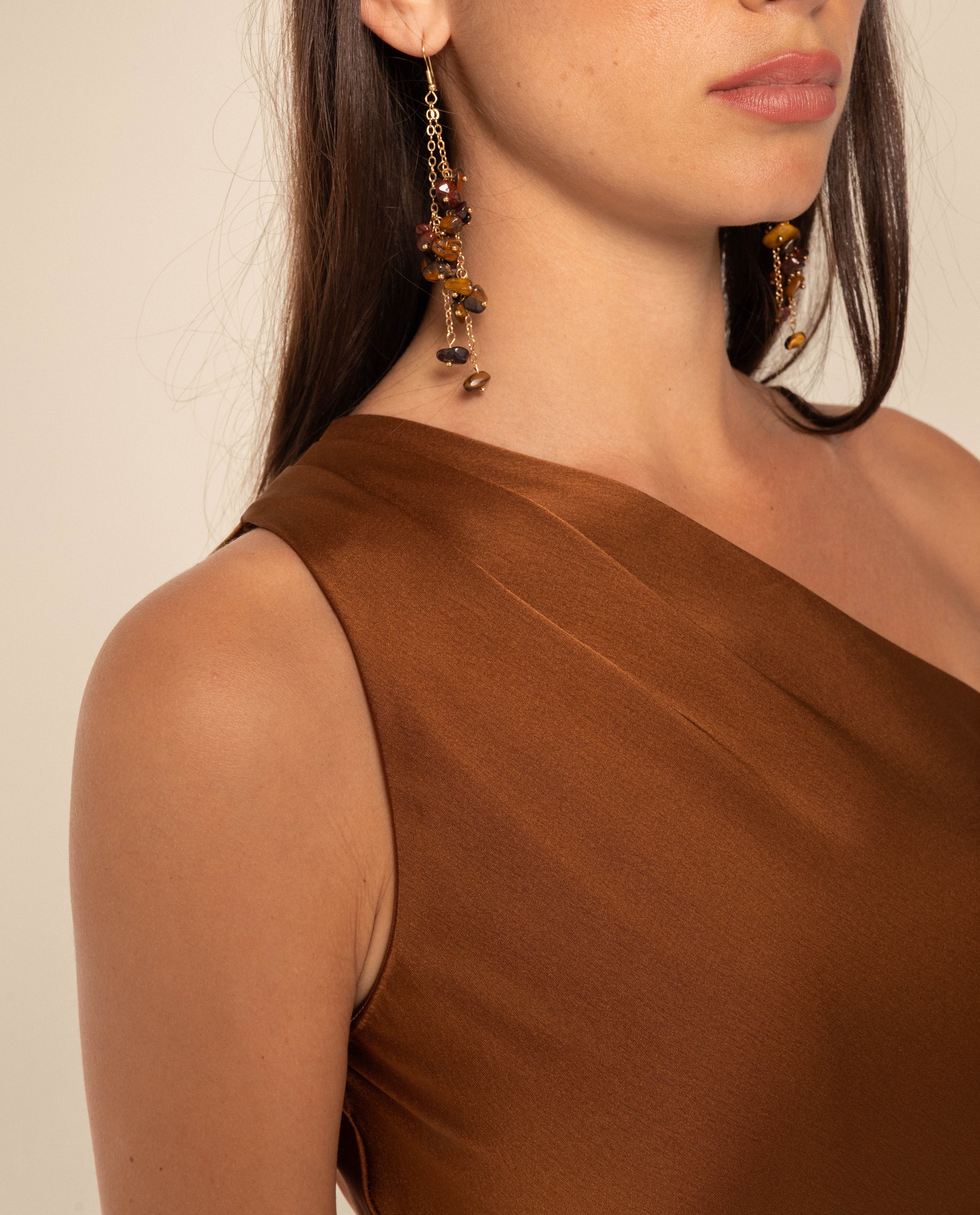 Vestido Midi com Decote Assimétrico e Saia de Capa Castanho-4