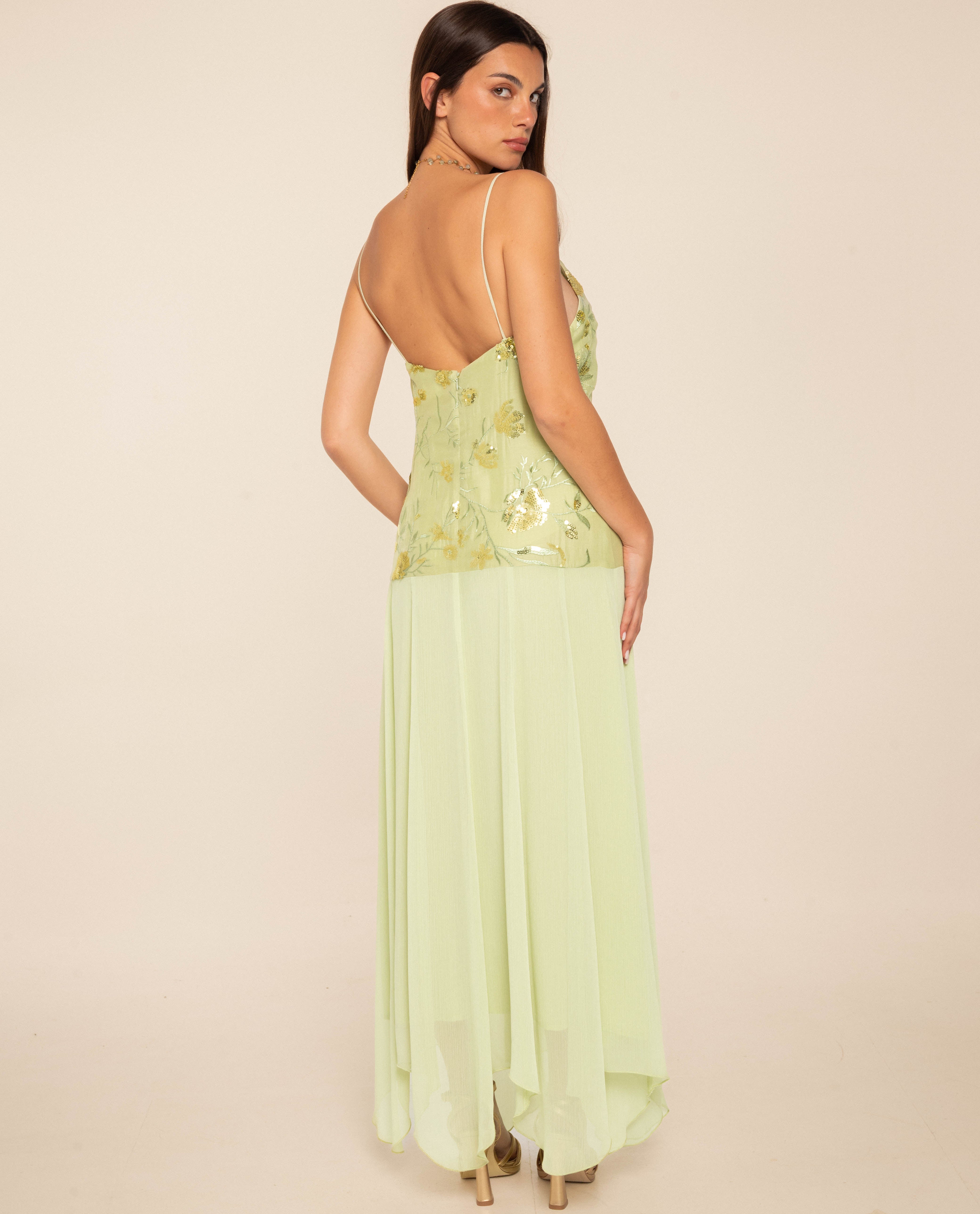 Vestido Comprido com Corpo de Bordados e Gase Verde-claro-3