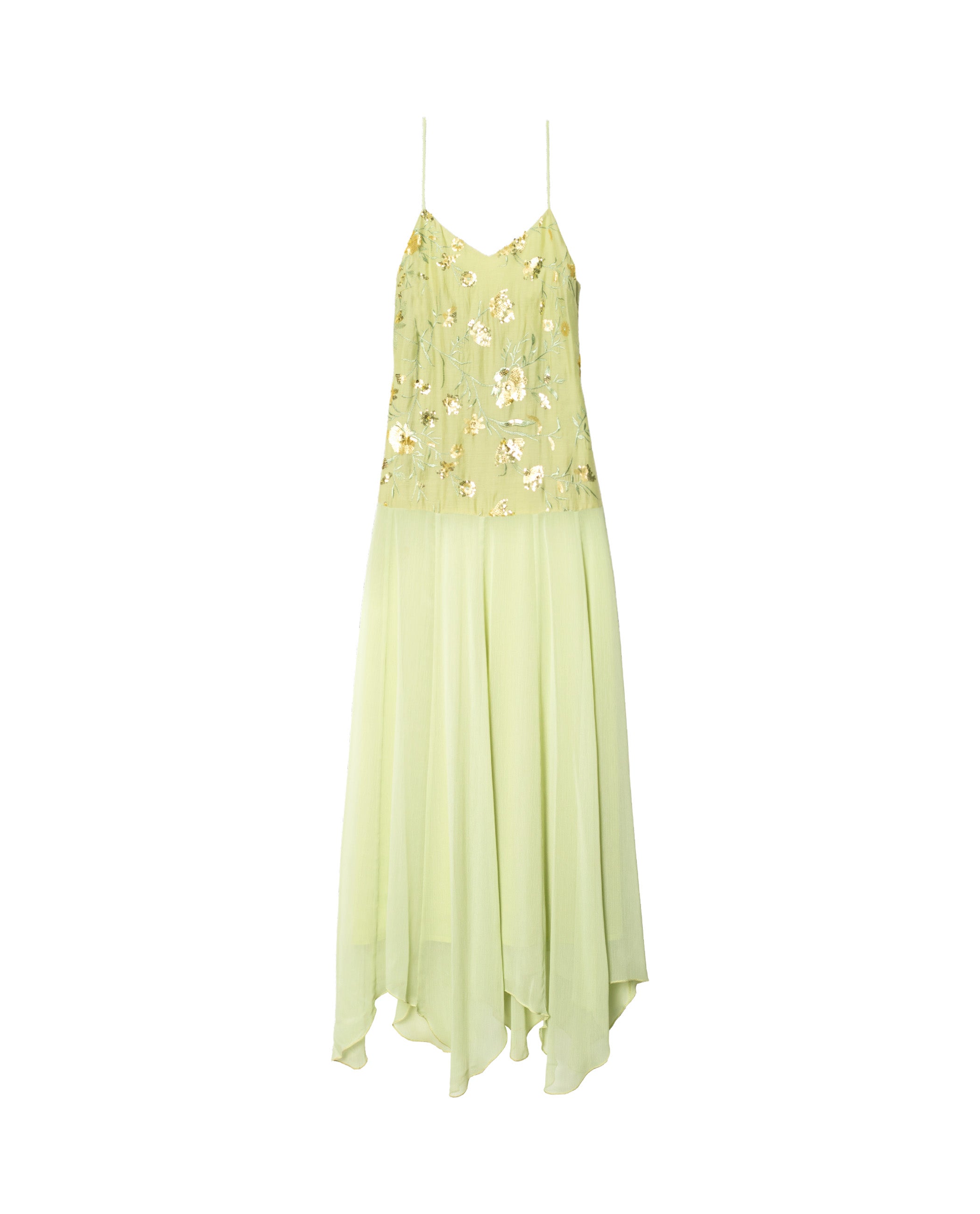 Vestido Comprido com Corpo de Bordados e Gase Verde-claro-5