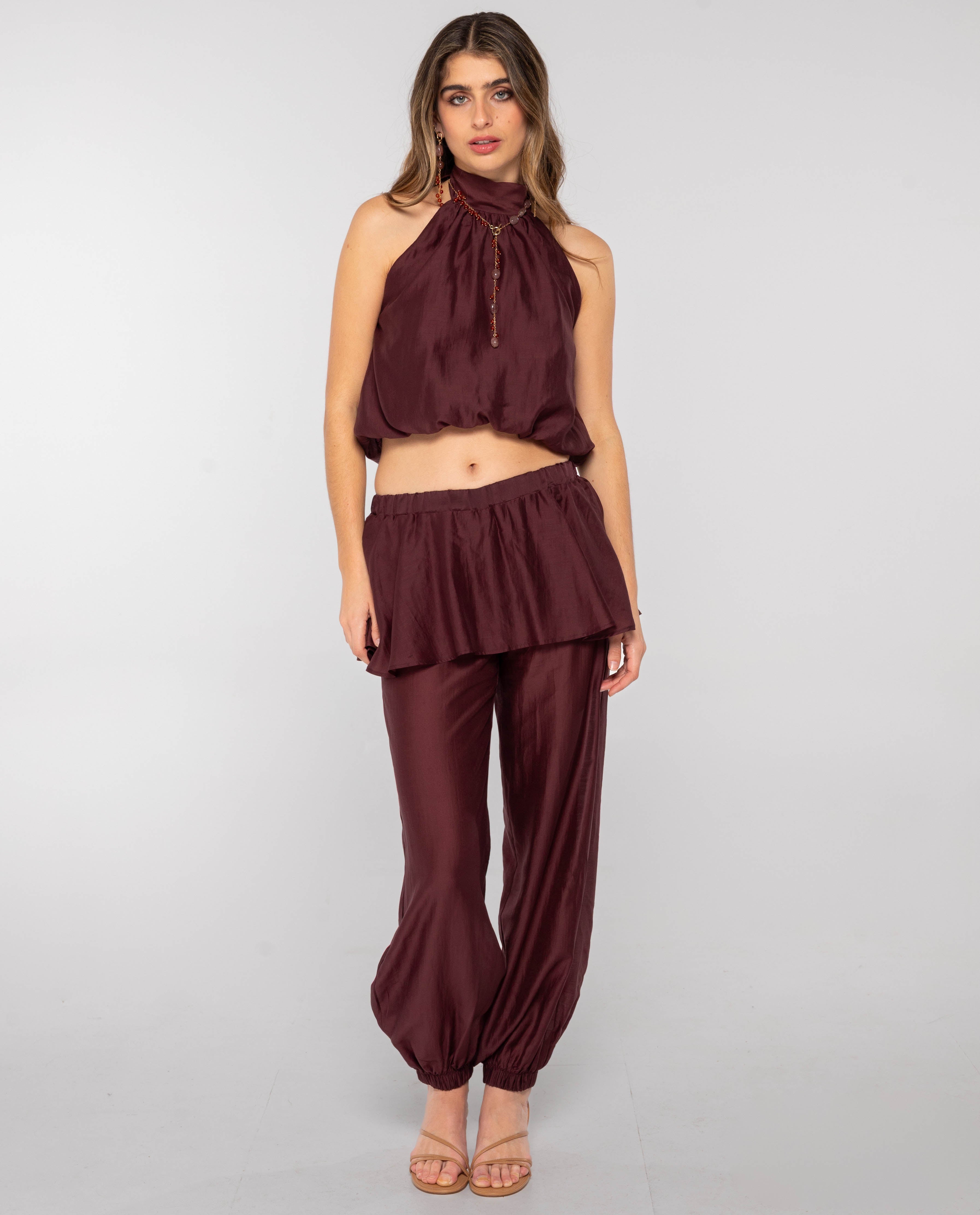 Blusa de Gola Halter e Bainha Abalonada Bordeaux-4