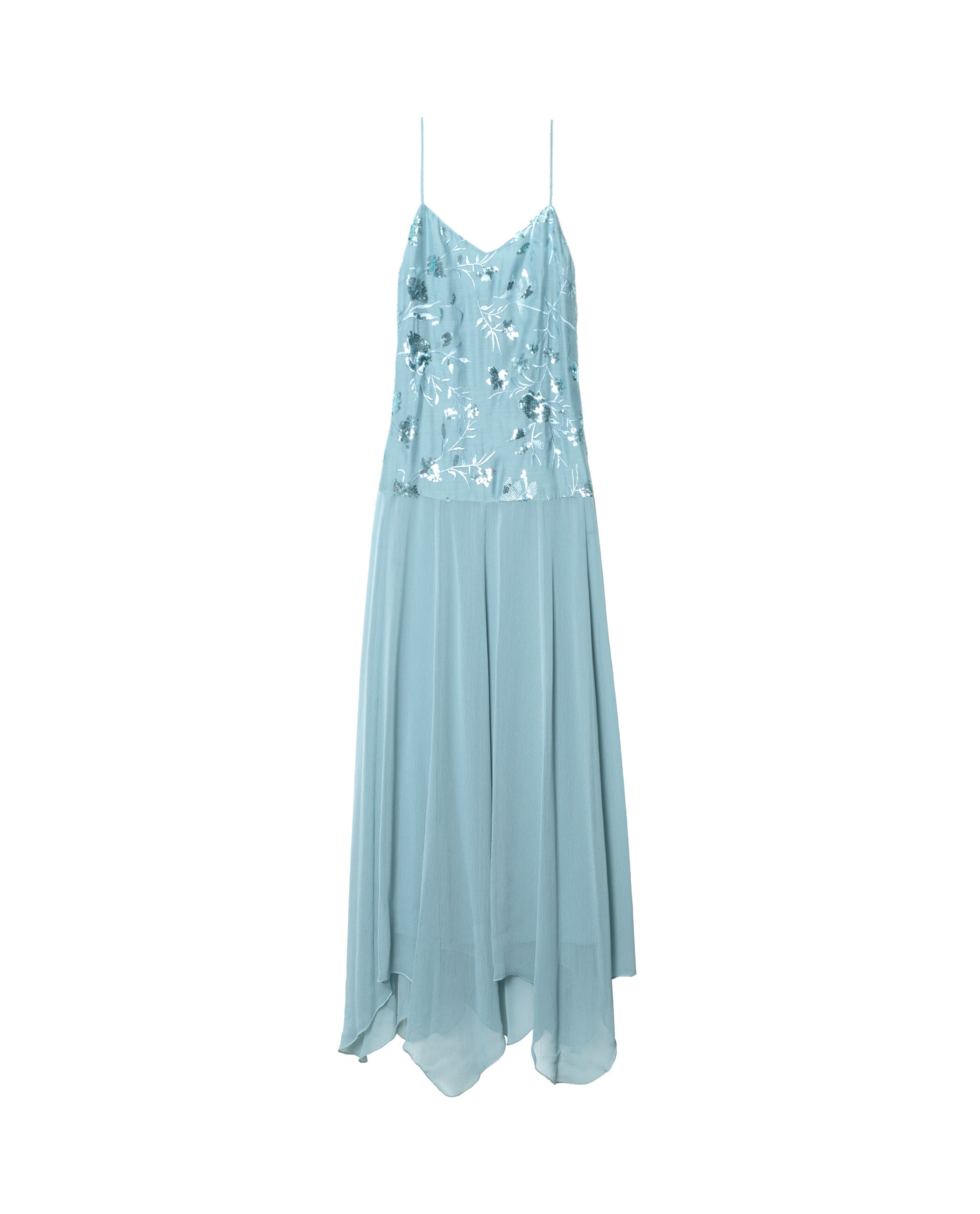 Vestido Comprido com Corpo de Bordados e Gase Azul-claro-5