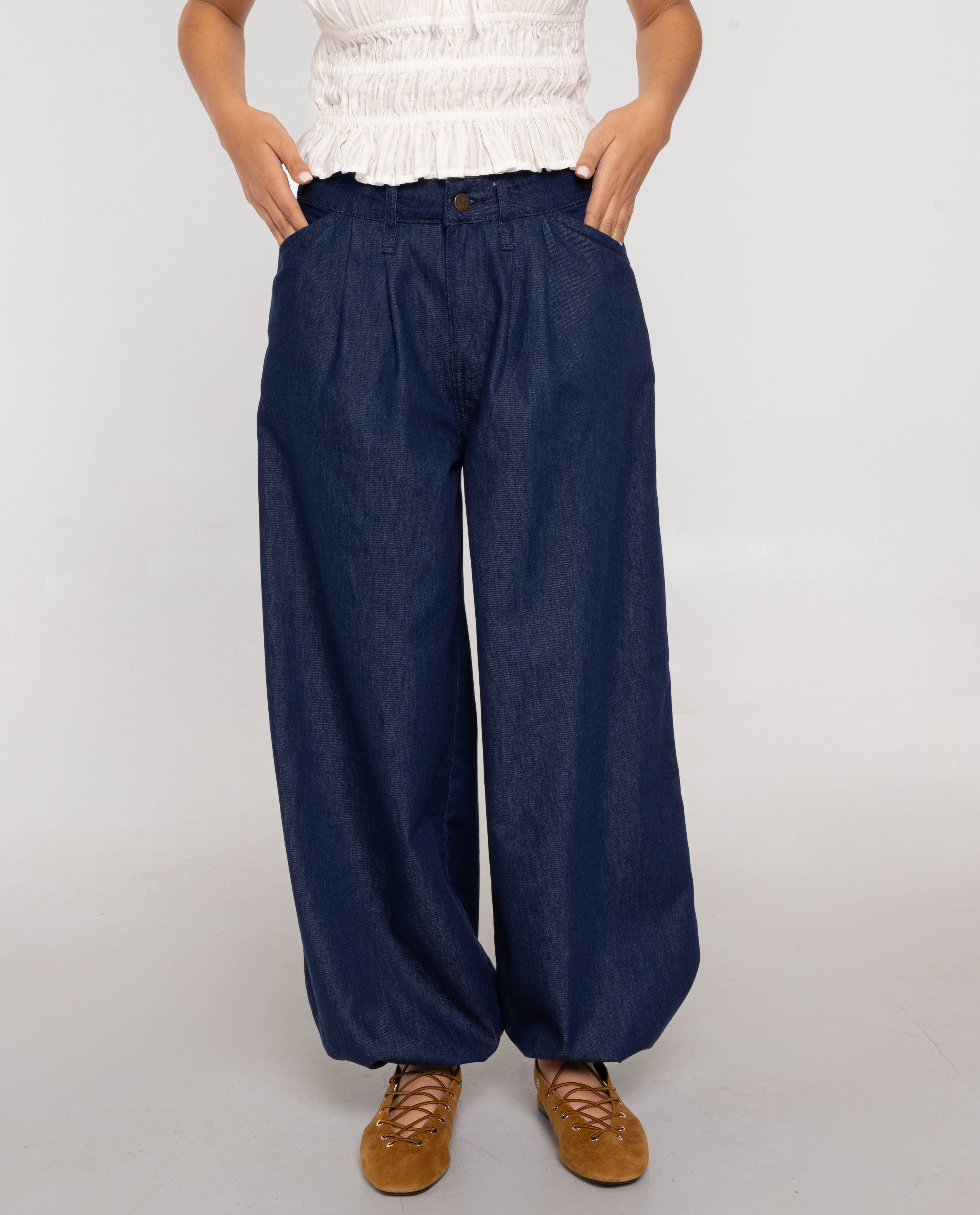 Calças Jeans Largas com Bainha Abalonada Azul-2