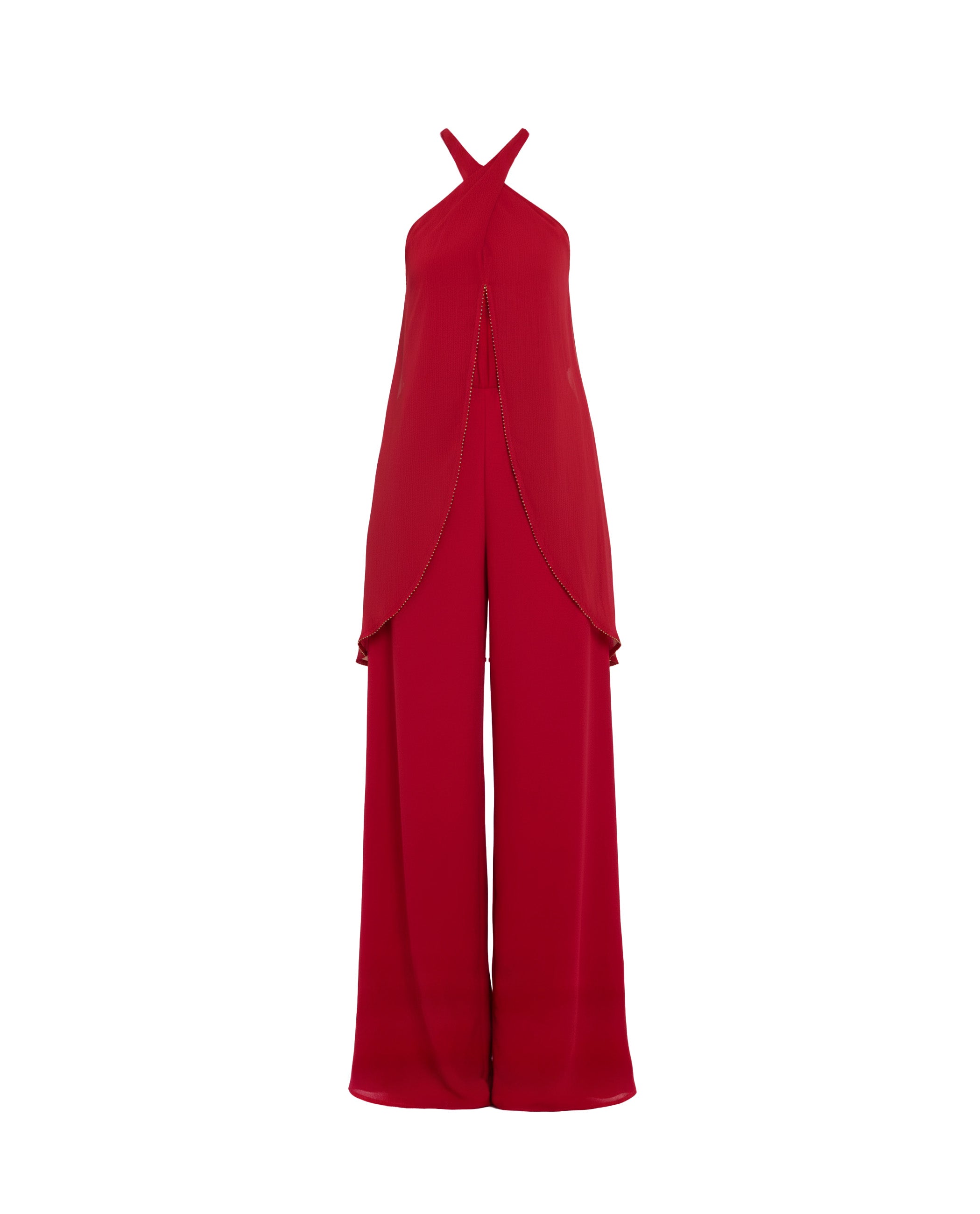 Macacão Comprido com Decote Halter e Perna Larga Vermelho-5