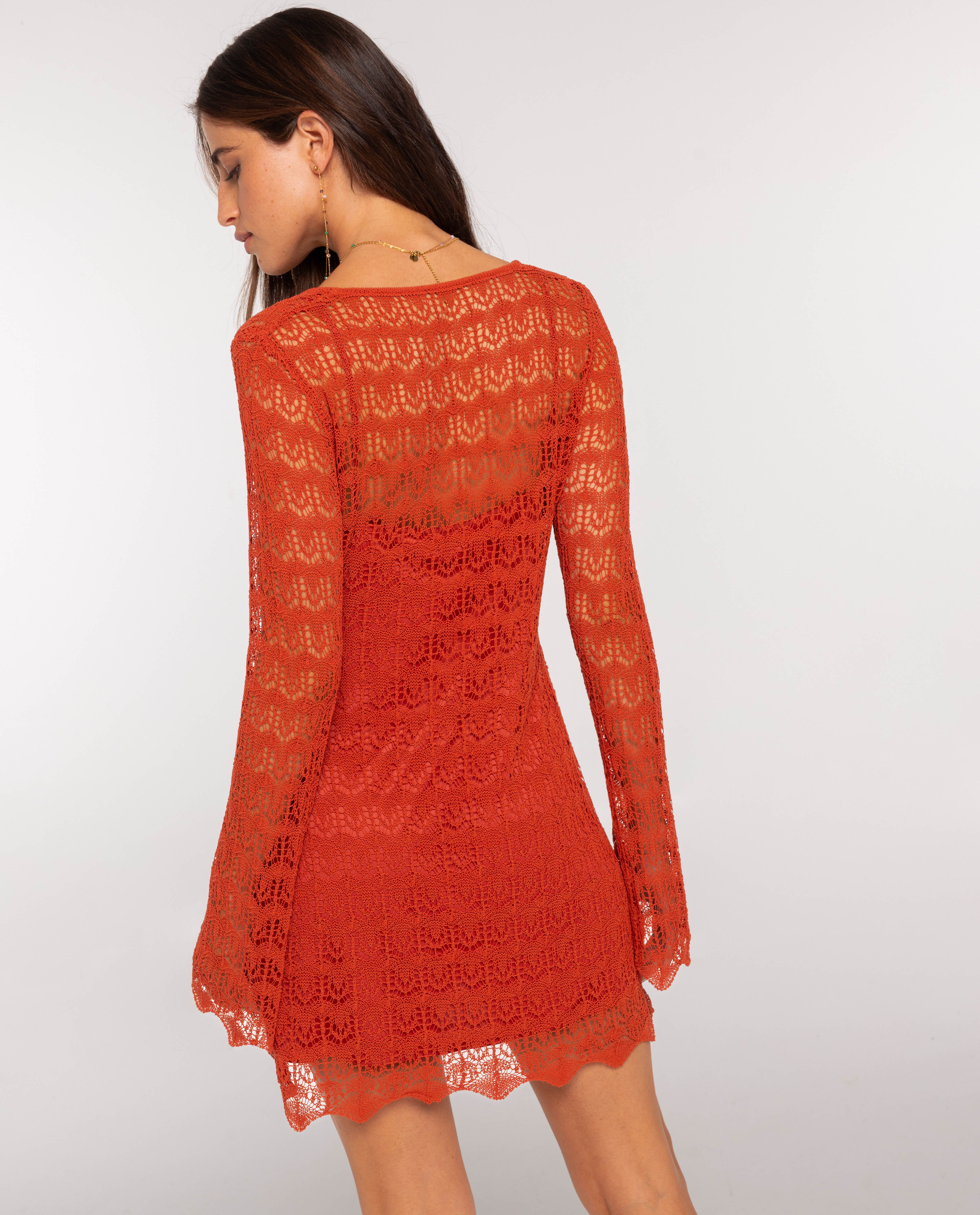 Vestido Curto de Malha Perfurada Laranja-3