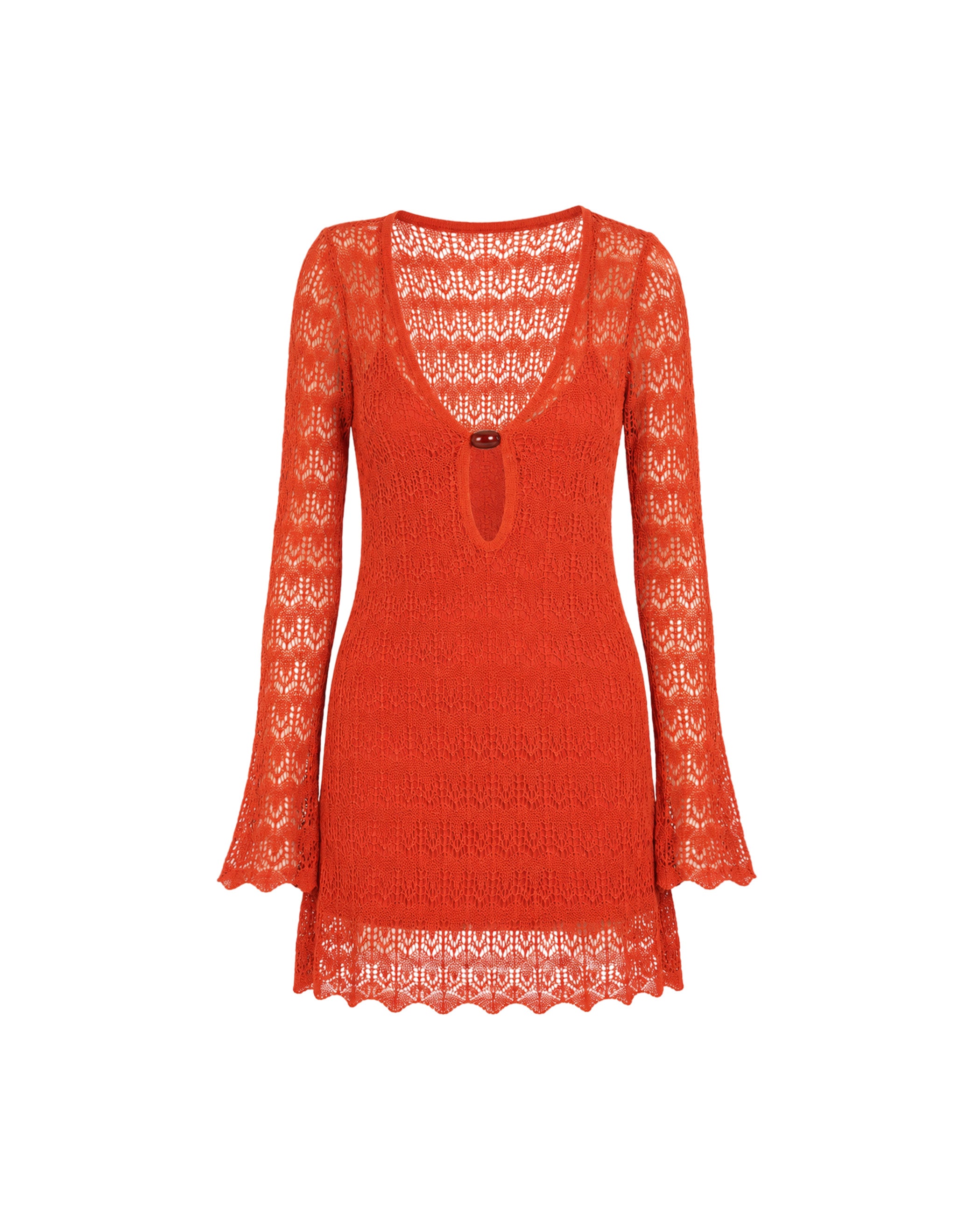Vestido Curto de Malha Perfurada Laranja-5