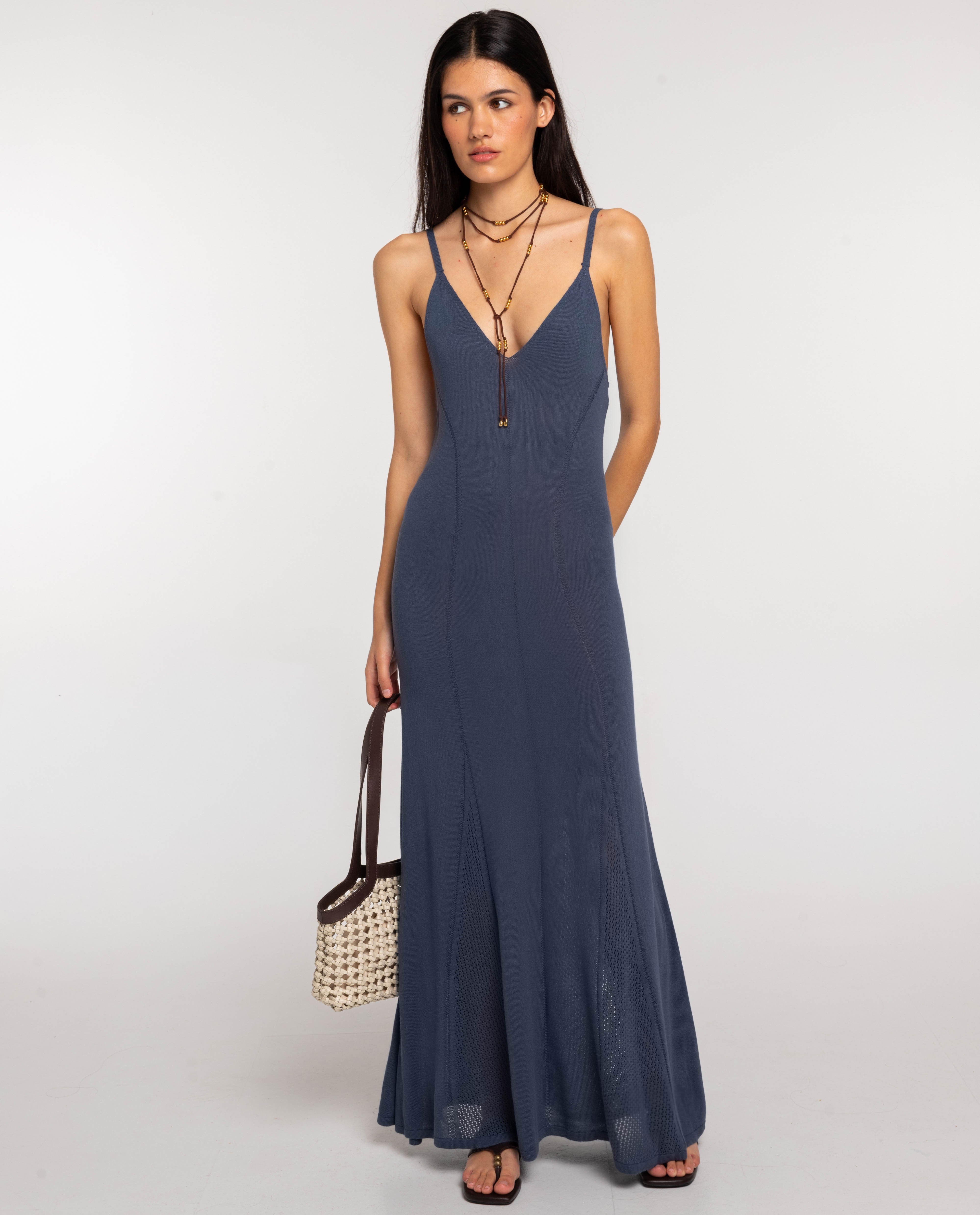 Vestido Comprido de Malha com Godés Azul-marinho-2