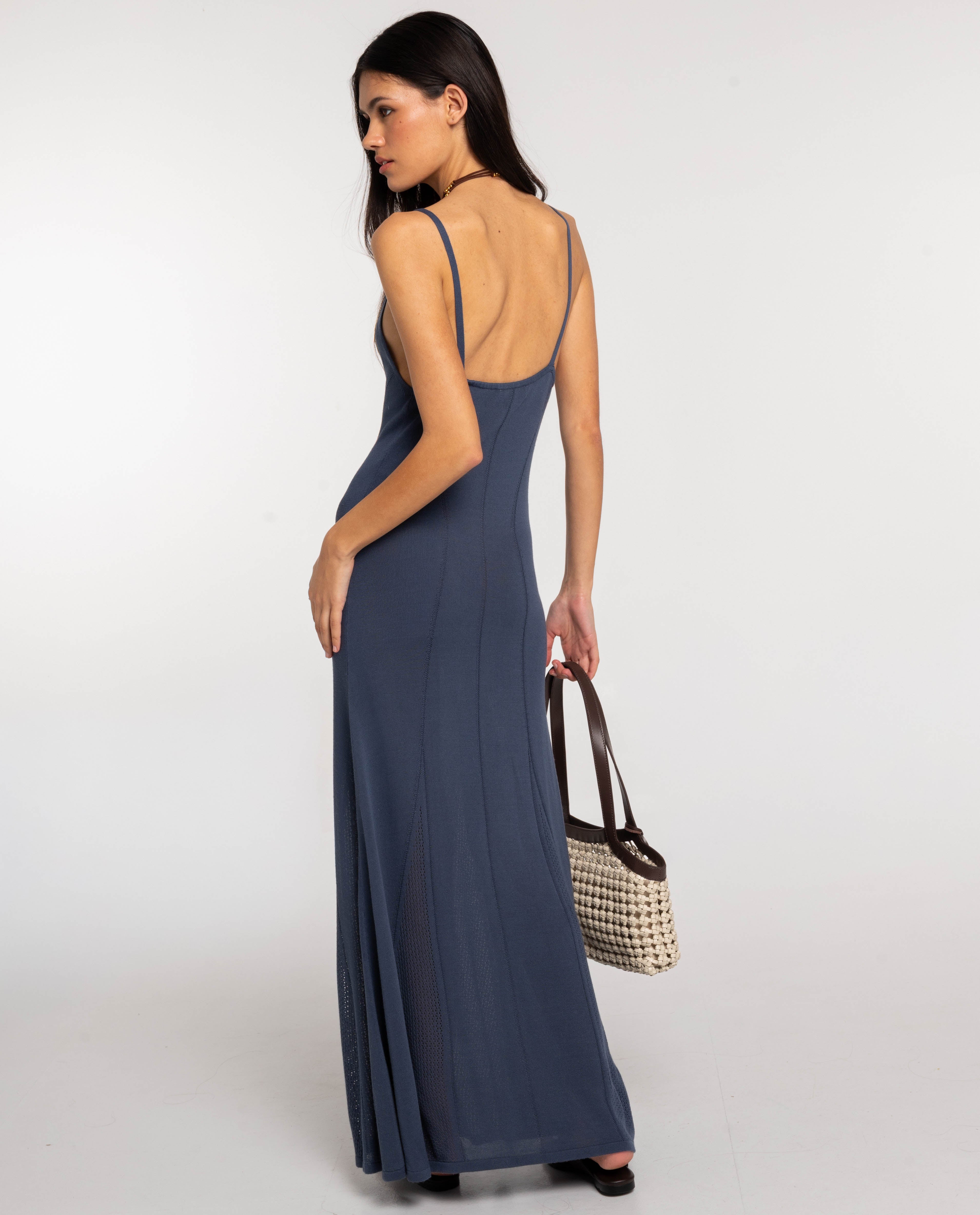 Vestido Comprido de Malha com Godés Azul-marinho-3