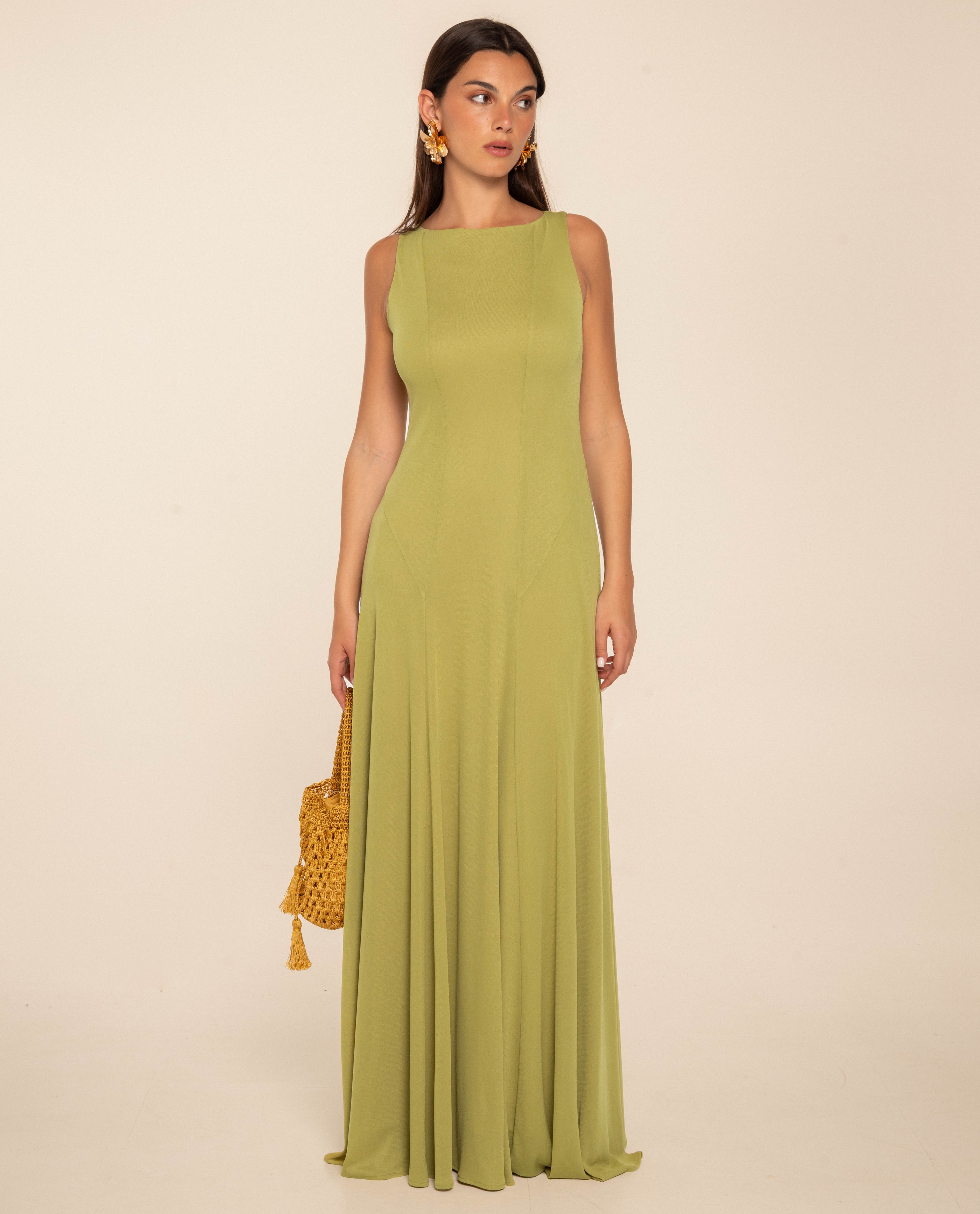 Vestido Comprido de Malha com Decote nas Costas Verde-2