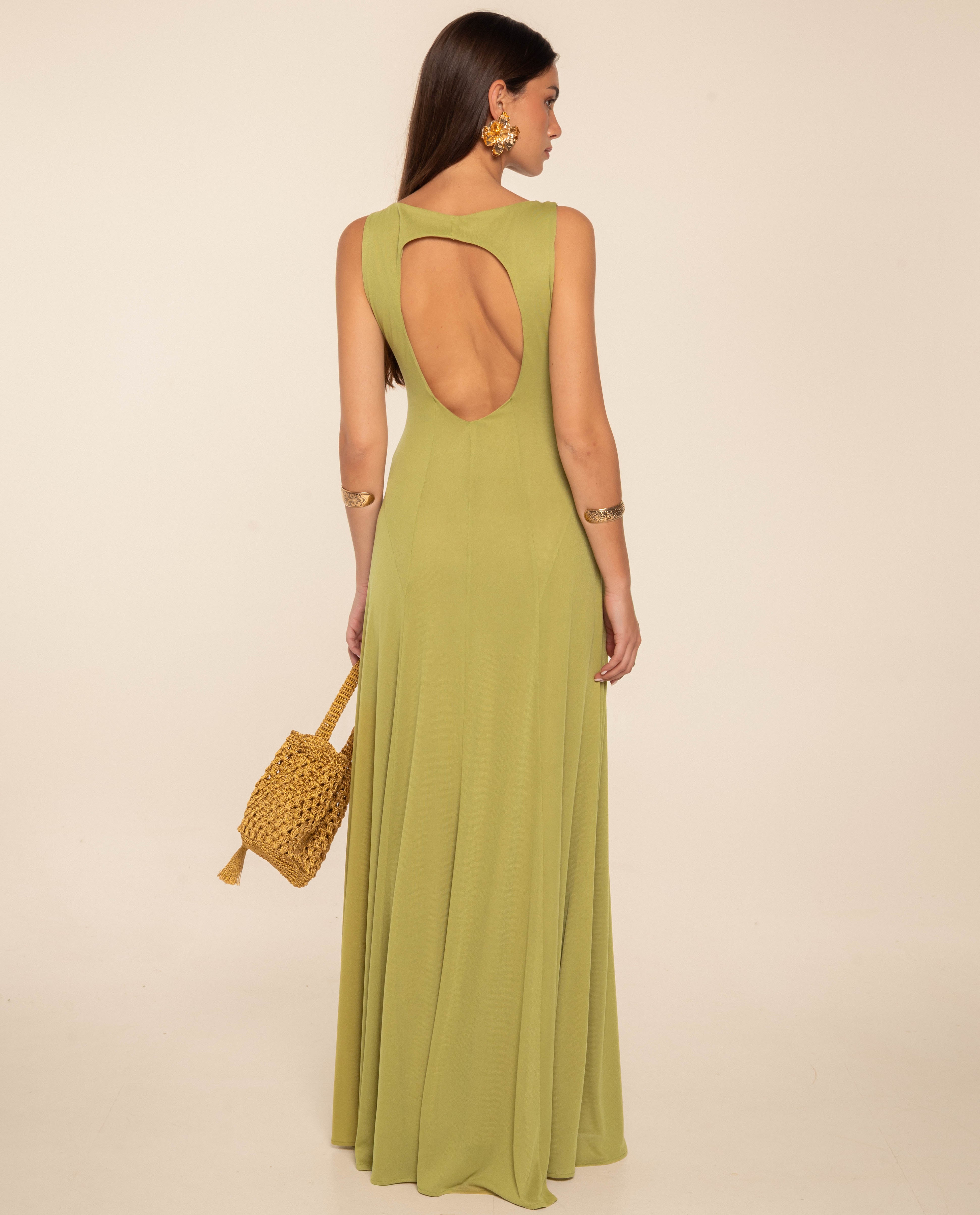 Vestido Comprido de Malha com Decote nas Costas Verde-3