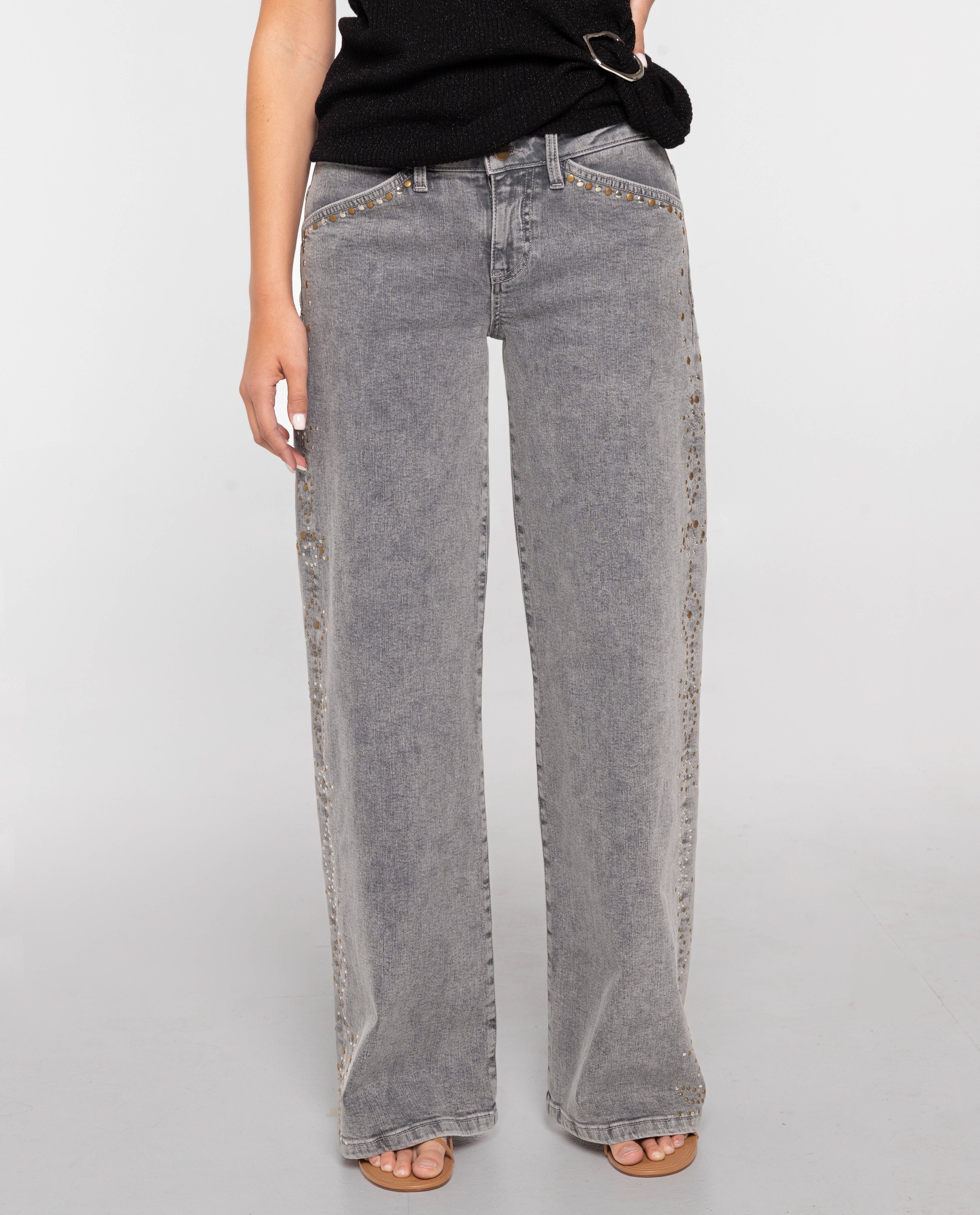Jeans com Corte a Direito com Rebites Metálicos Cinzento-2