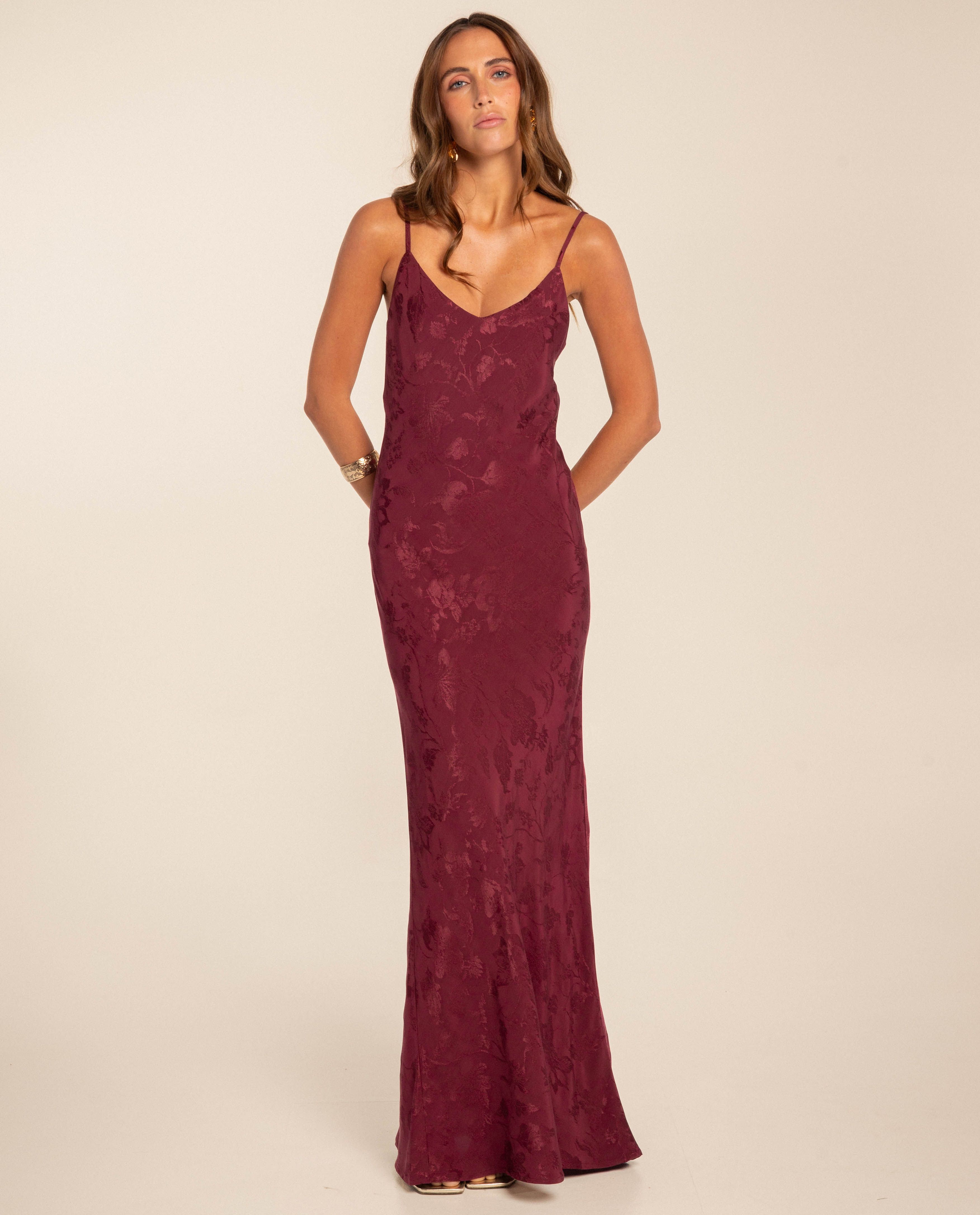Vestido Comprido Interior de Alças e Decote em V Bordeaux-2