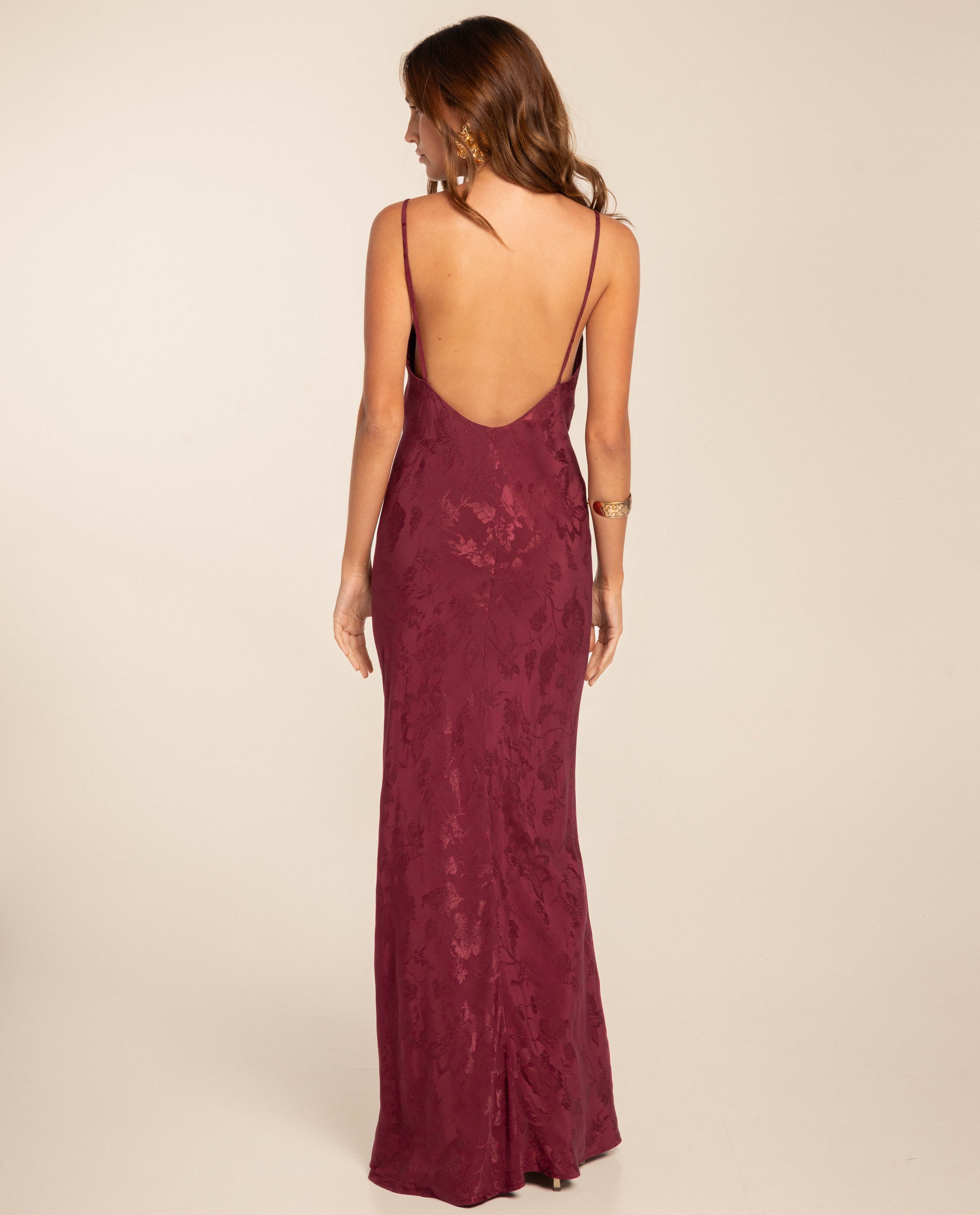 Vestido Comprido Interior de Alças e Decote em V Bordeaux-3