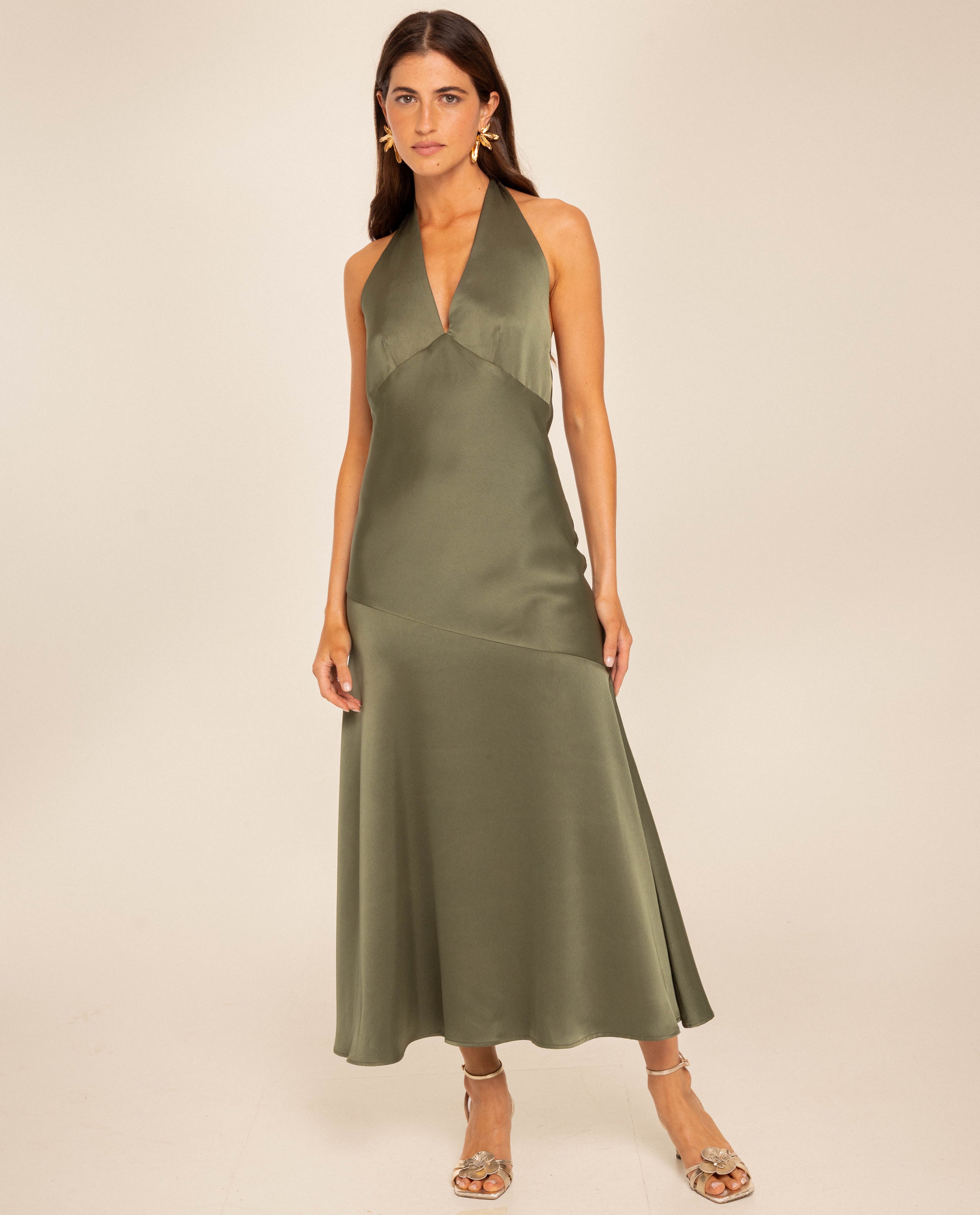 Vestido Midi com Decote Halter e Laçada Verde-2