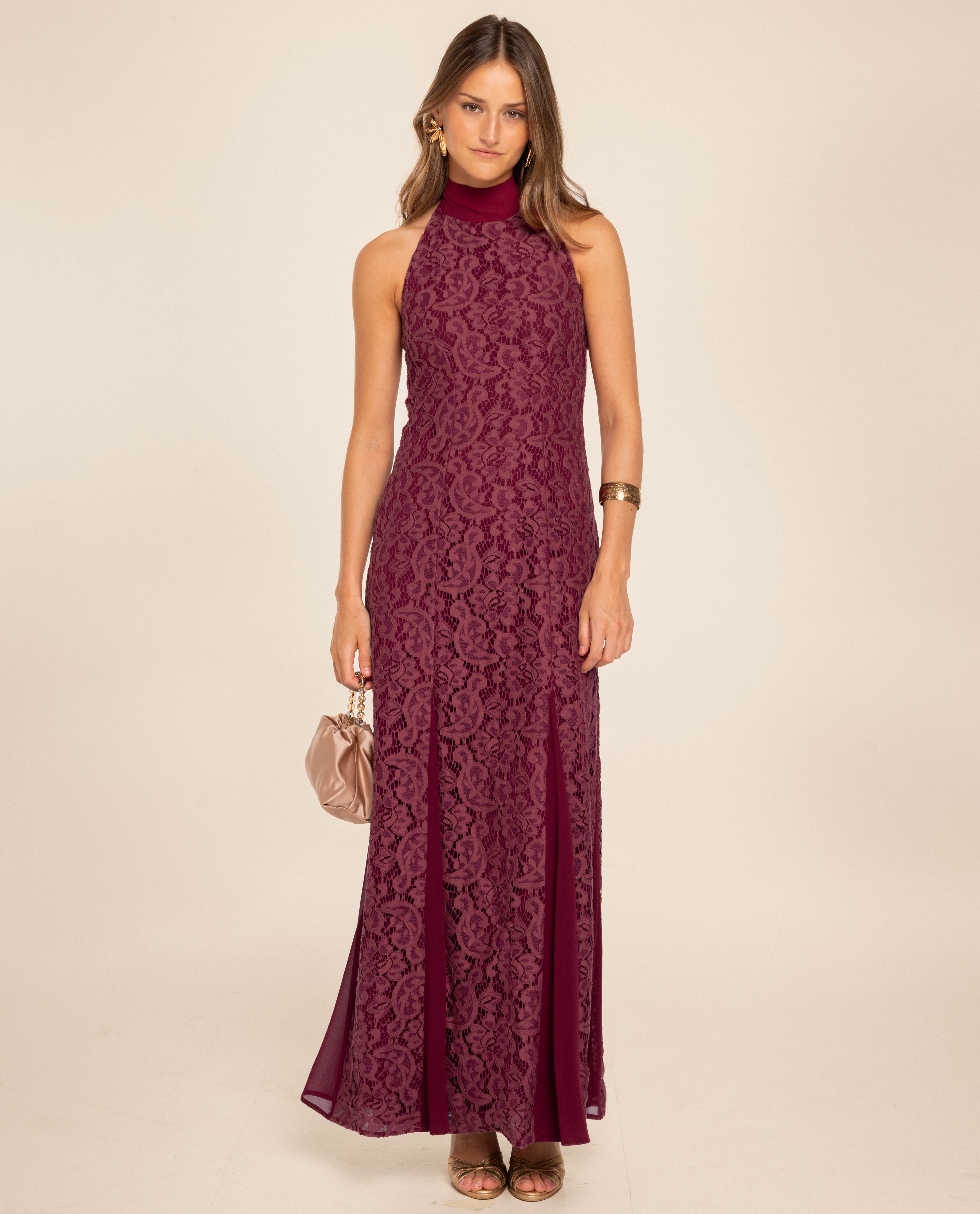 Vestido Comprido de Renda com Gola Halter Bordeaux-2