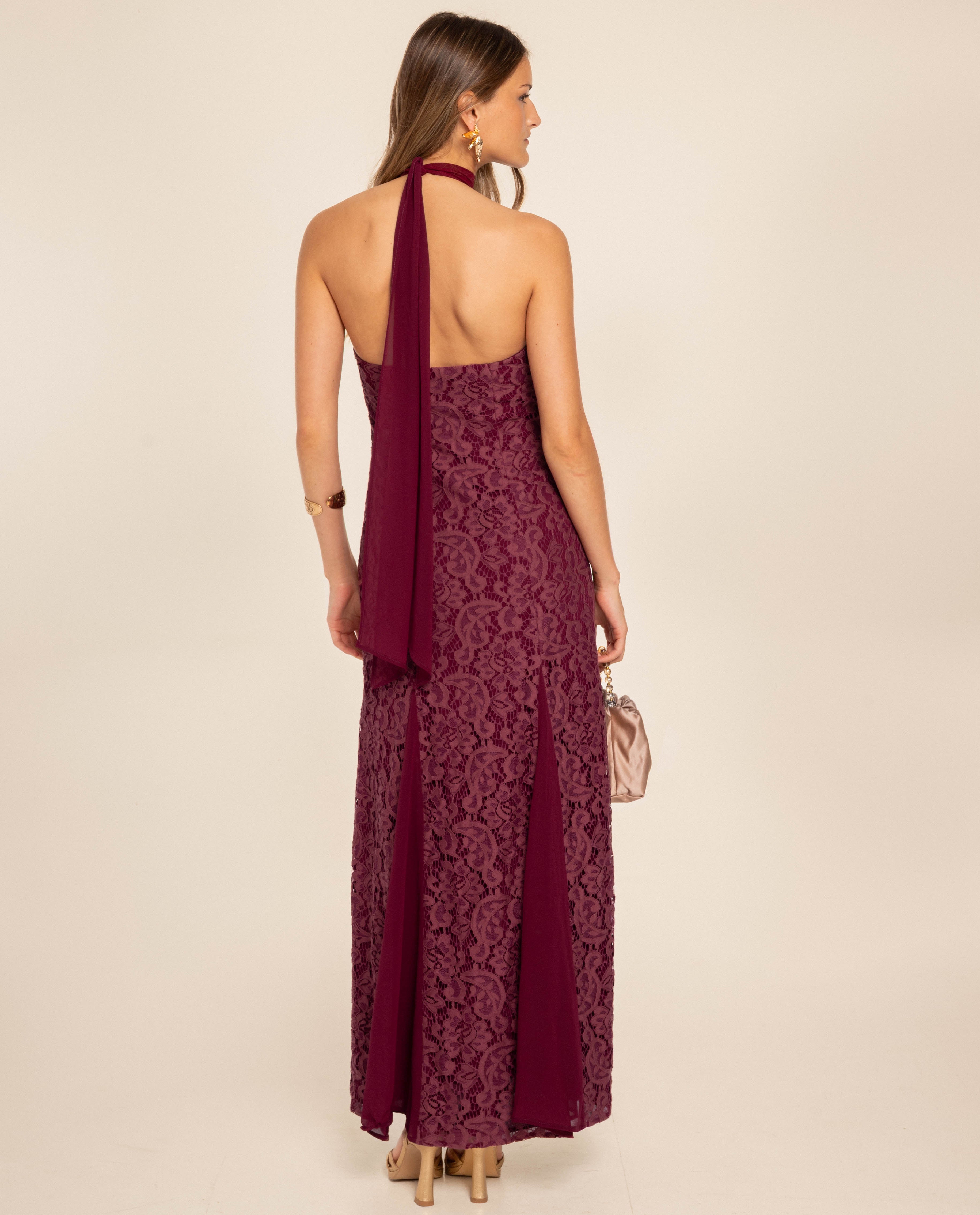 Vestido Comprido de Renda com Gola Halter Bordeaux-3