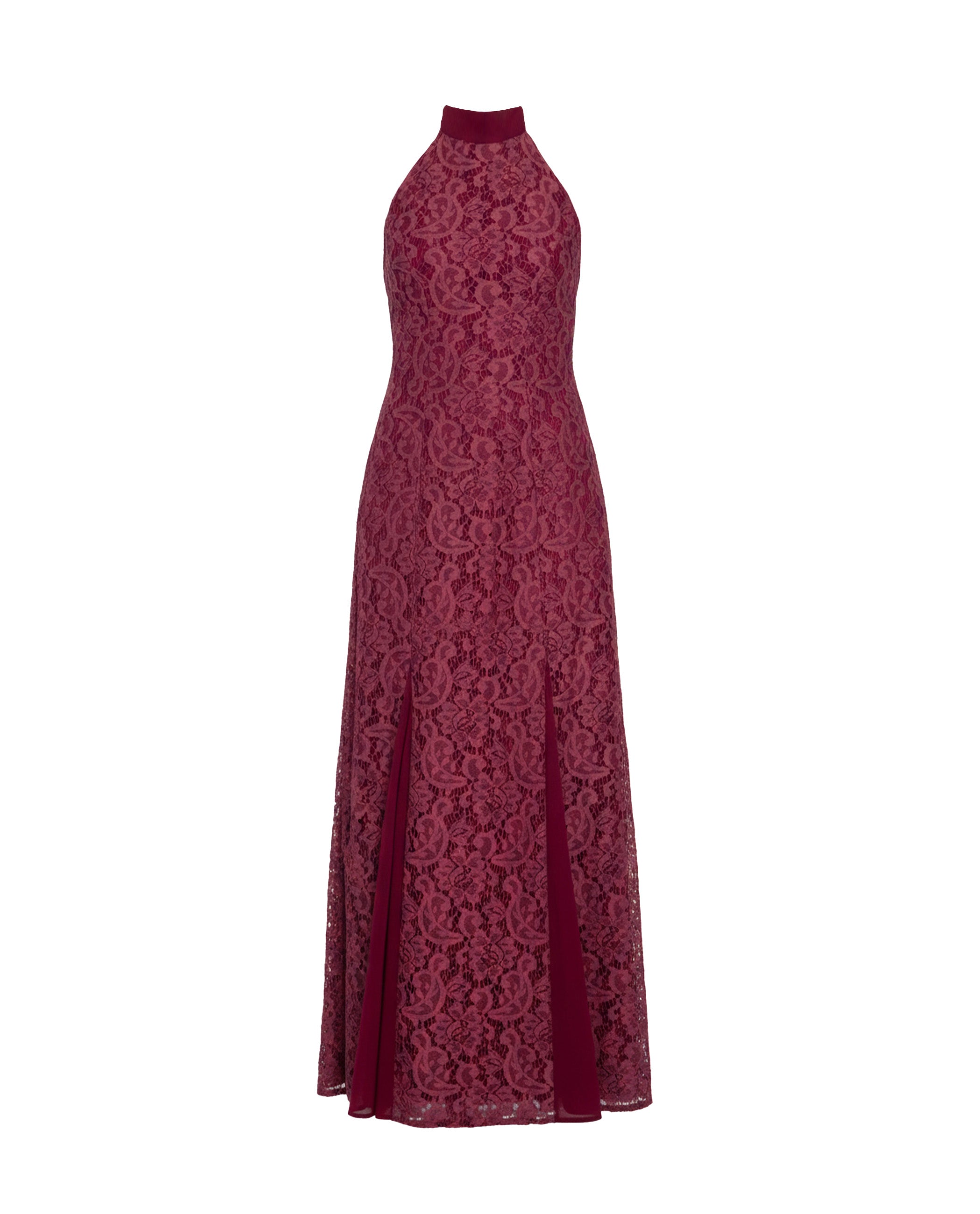 Vestido Comprido de Renda com Gola Halter Bordeaux-5