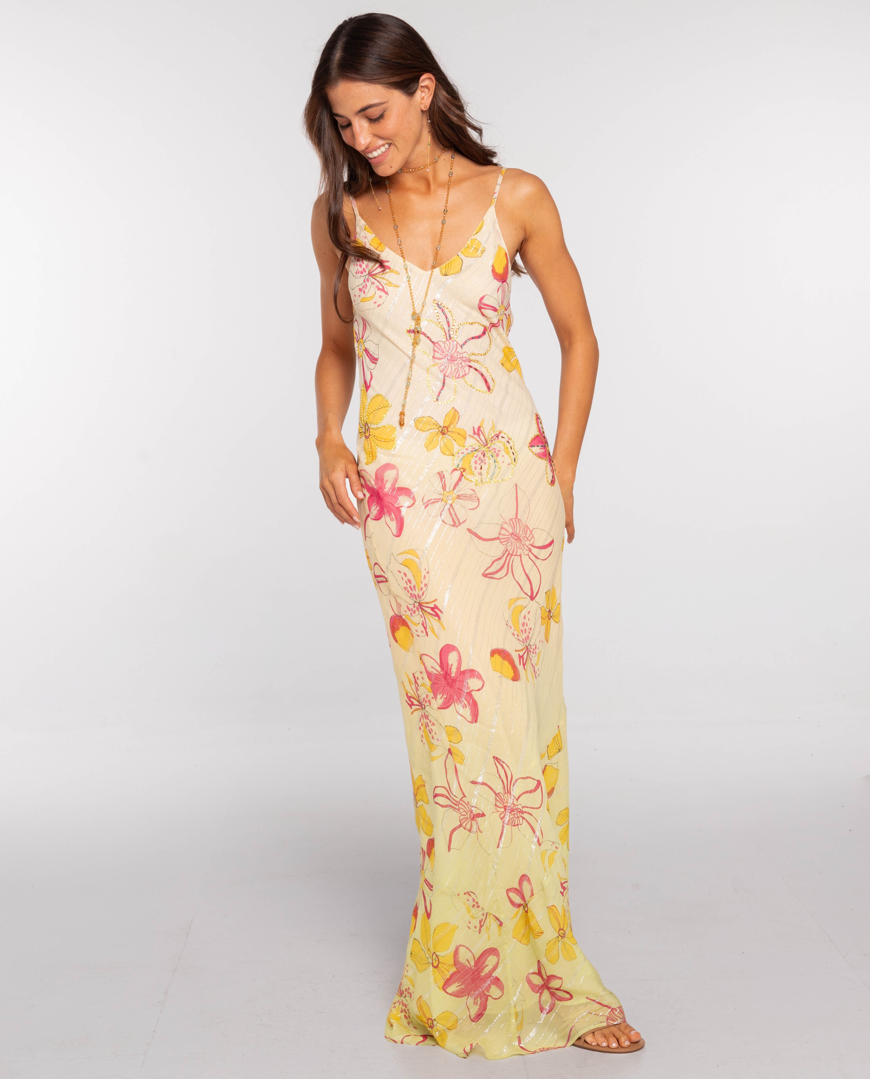 Vestido Comprido com Estampado Floral e Bordado À Mão Creme-2
