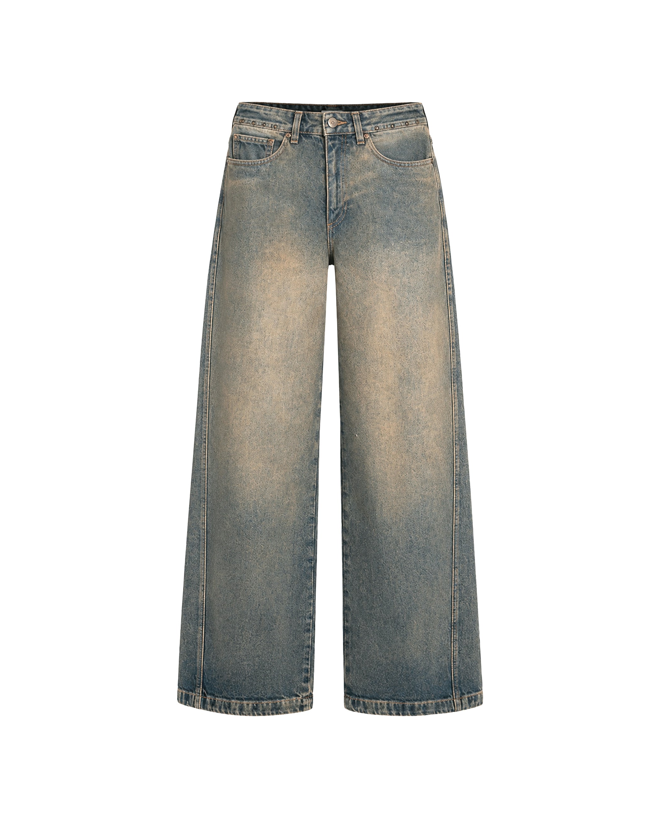 Calças Largas Jeans de Cintura Subida e Silhueta Baggy com Rebites Azul-5