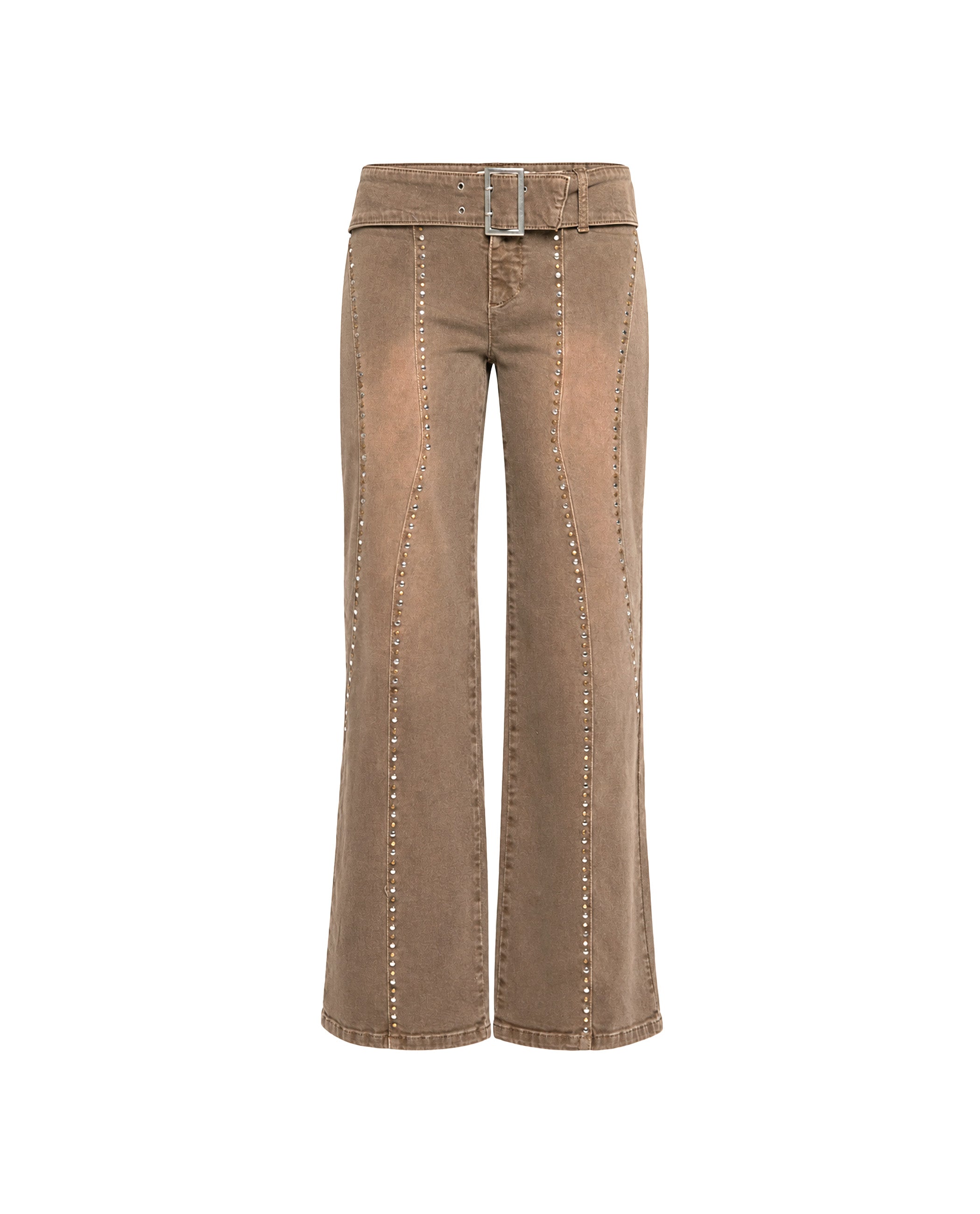 Calças Largas Compridas Denim com Apliques Castanho-5