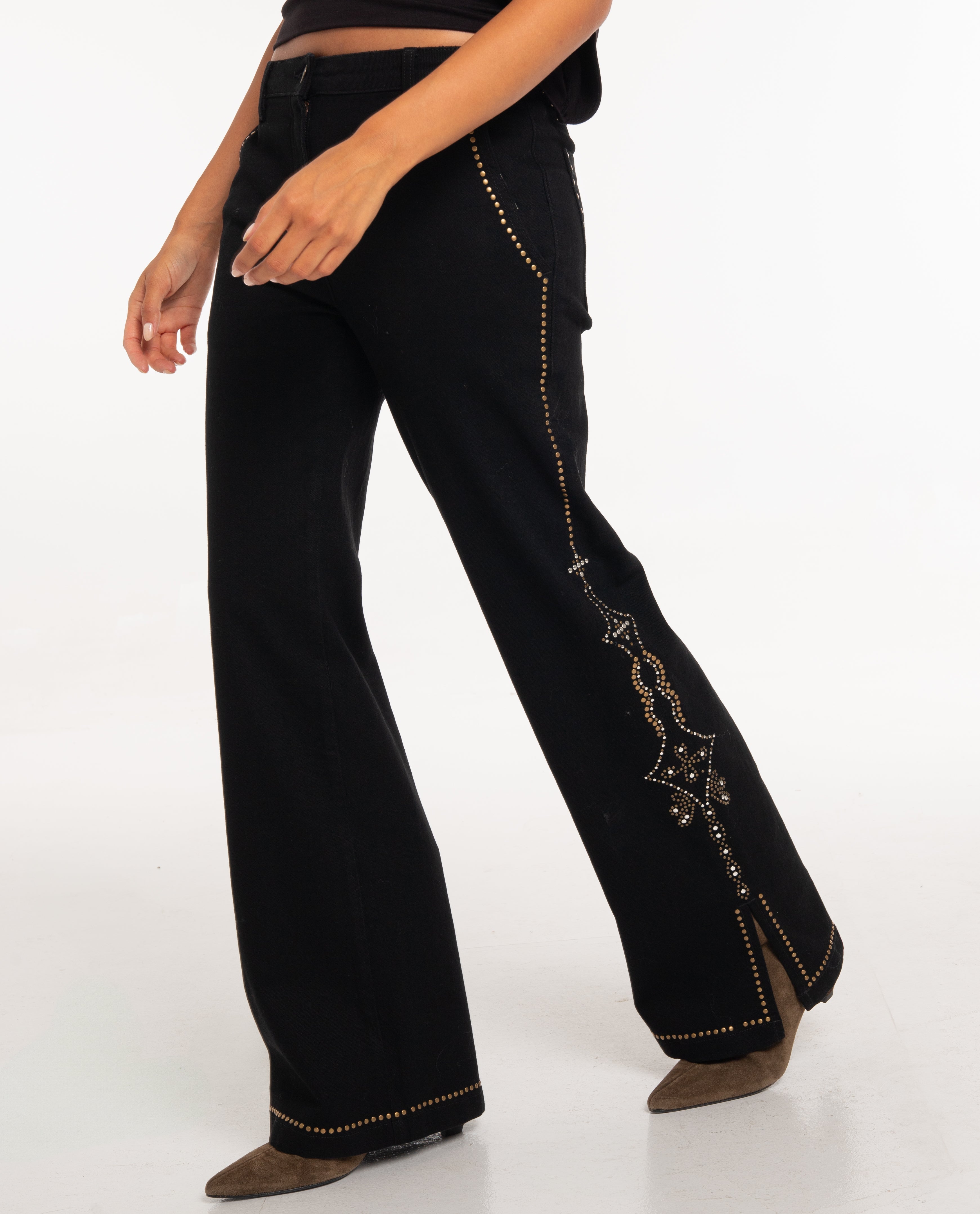 Calças com Corte a Direito Jeans de Cintura Média com Apliques Metálicos Preto-2