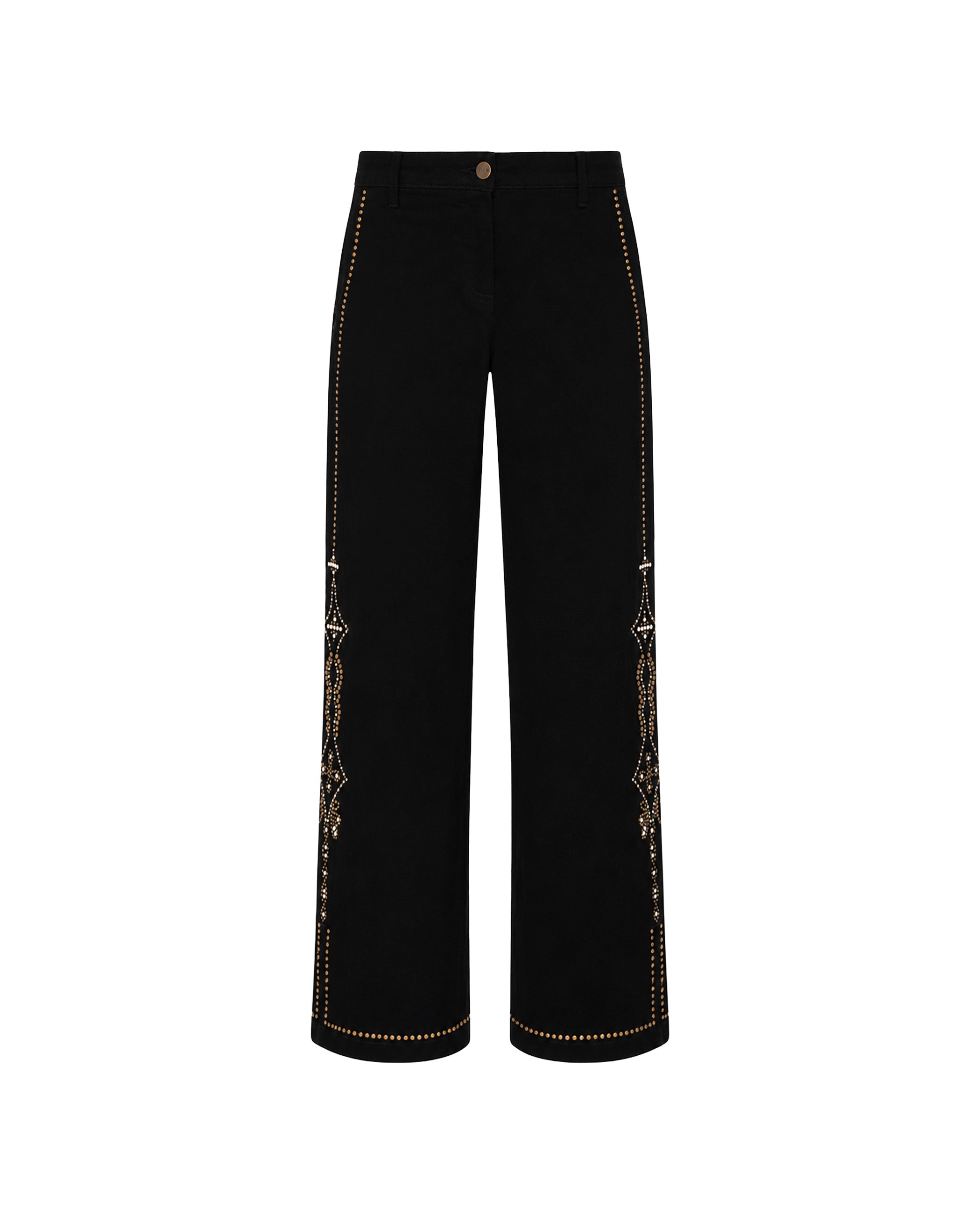 Calças com Corte a Direito Jeans de Cintura Média com Apliques Metálicos Preto-5