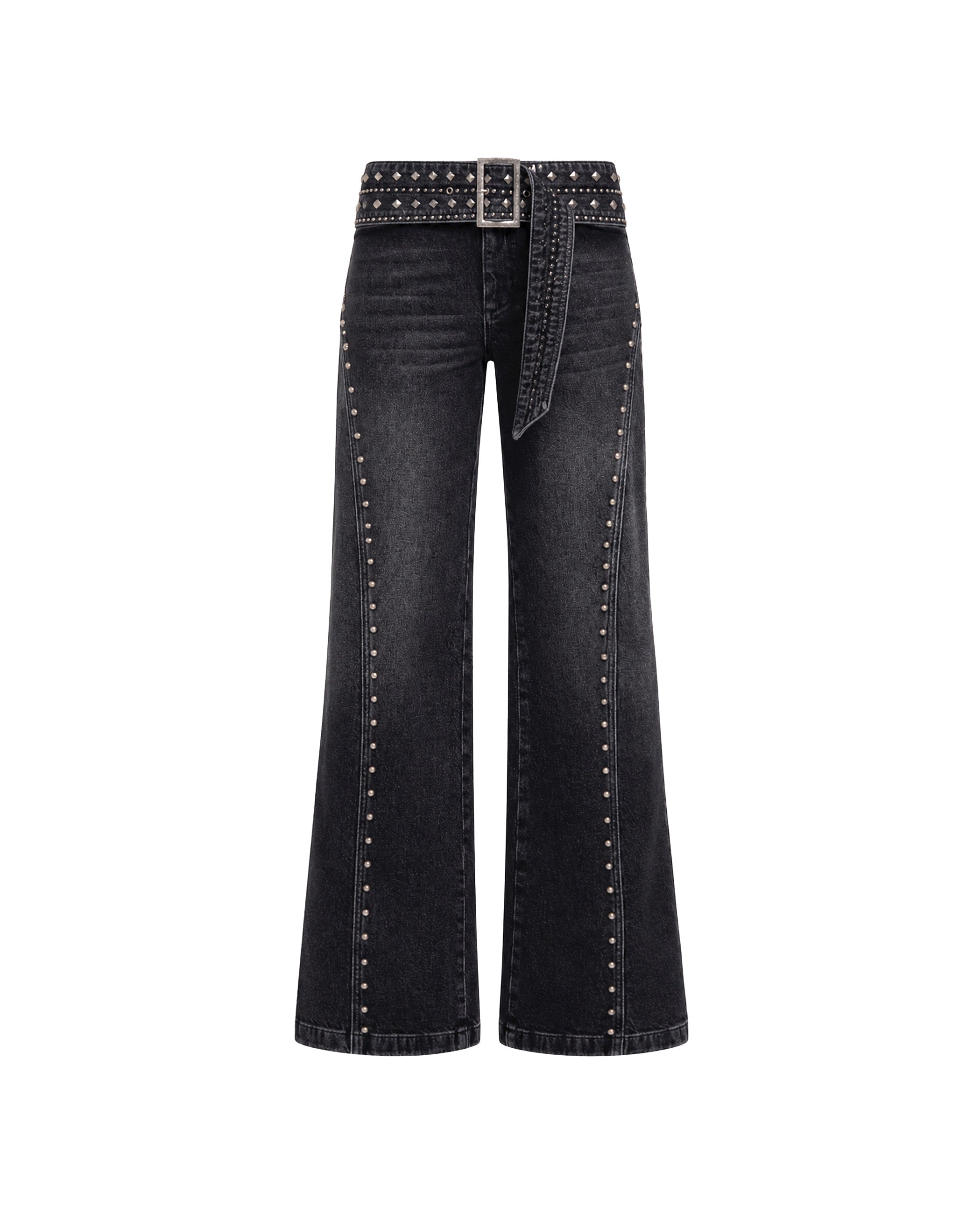 Calças Retas Jeans de Cintura Média-baixa com Rebites e Perna Larga Cinzento-5