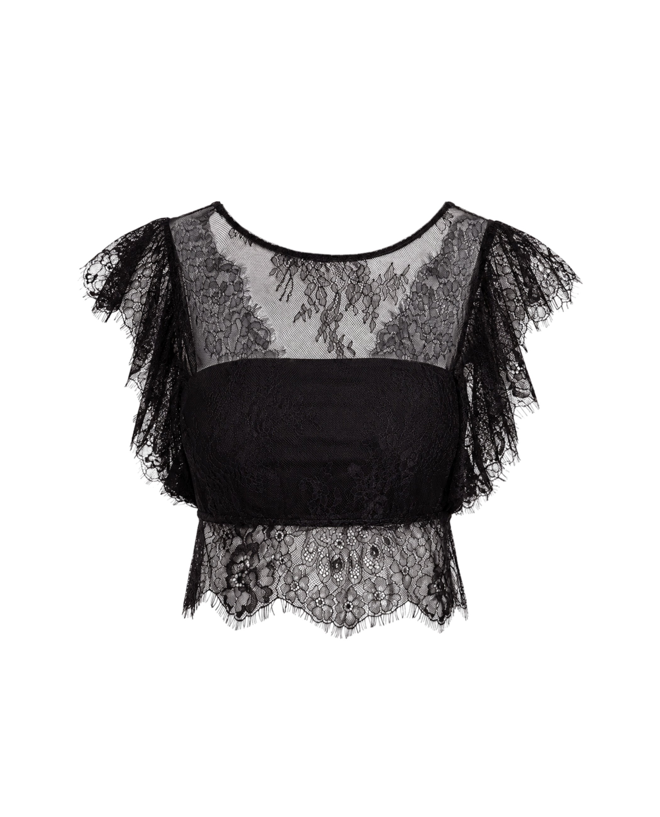 Top Cropped de Renda com Folhos Preto-5