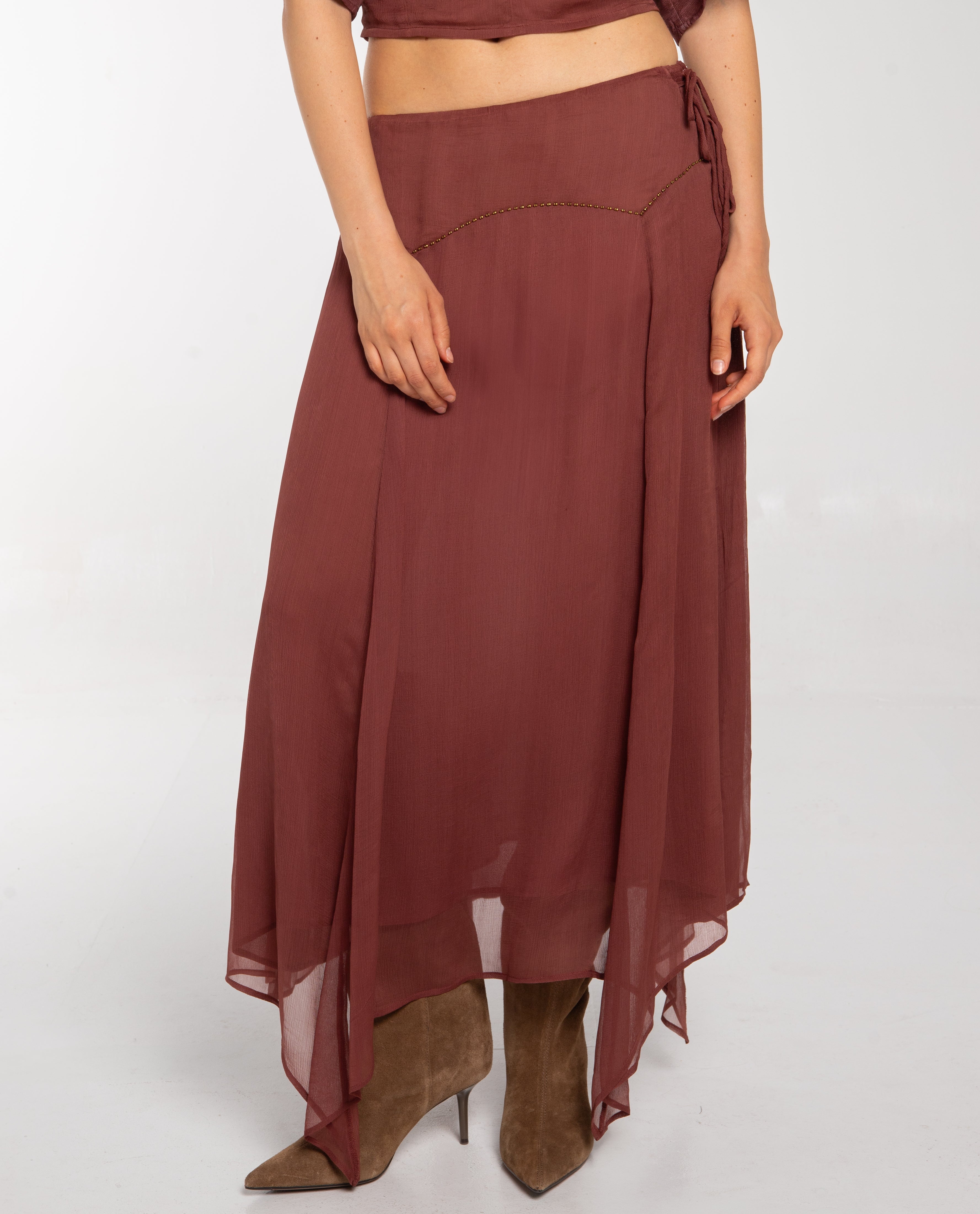 Saia Midi com Volume e Bainha Assimétrica Bege-2