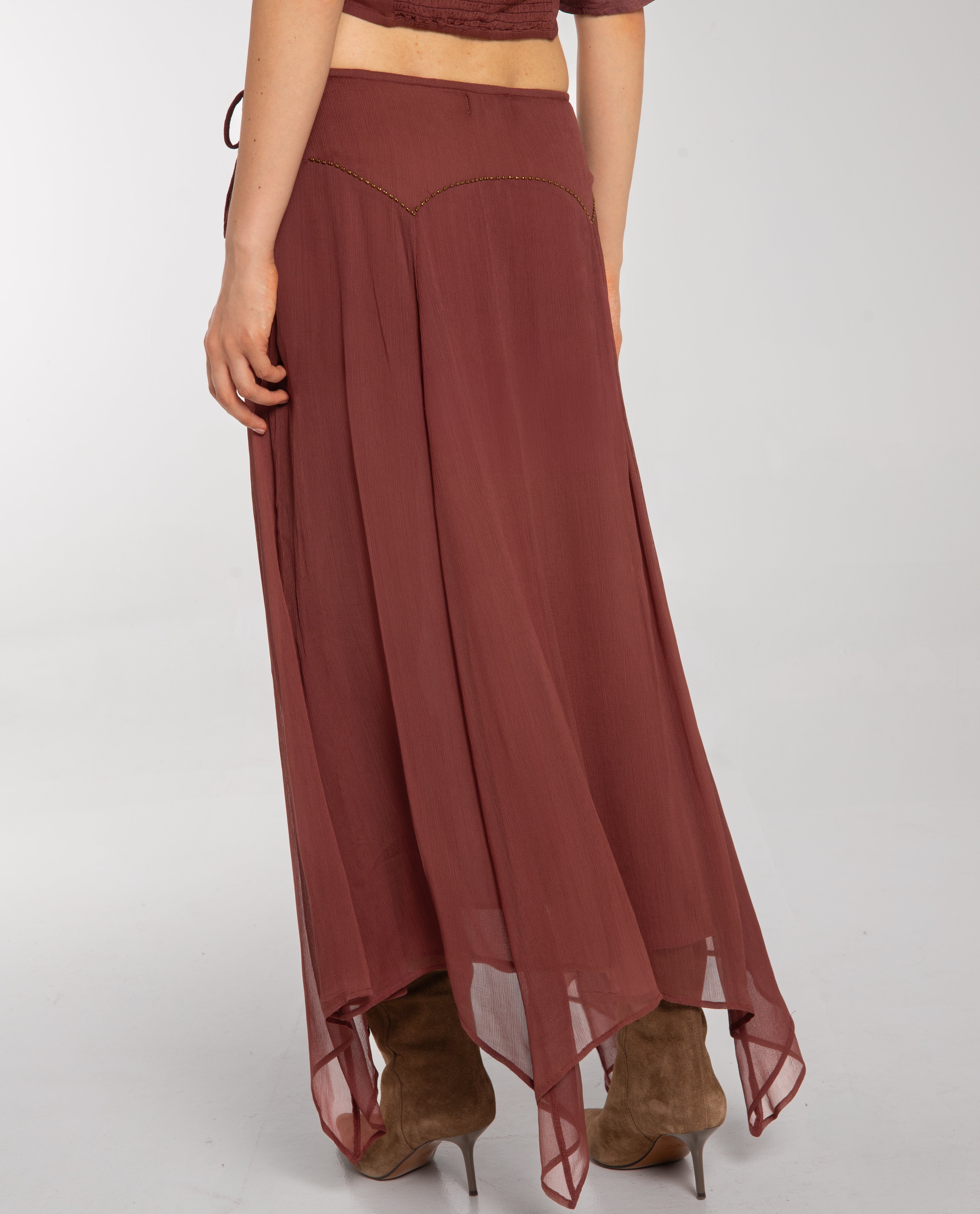 Saia Midi com Volume e Bainha Assimétrica Bege-3