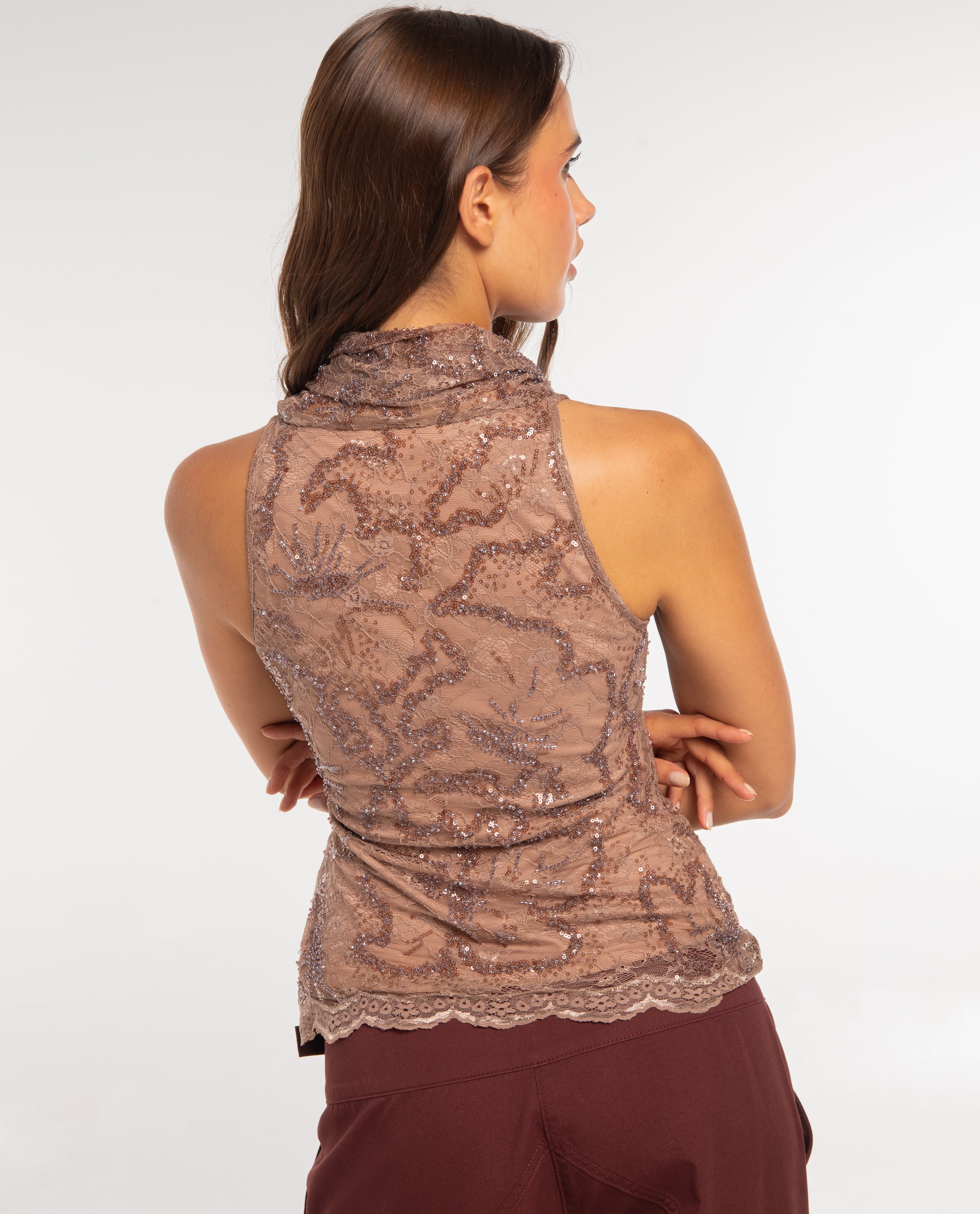 Top Halter de Tule com Bordado de Pedraria Nude-2