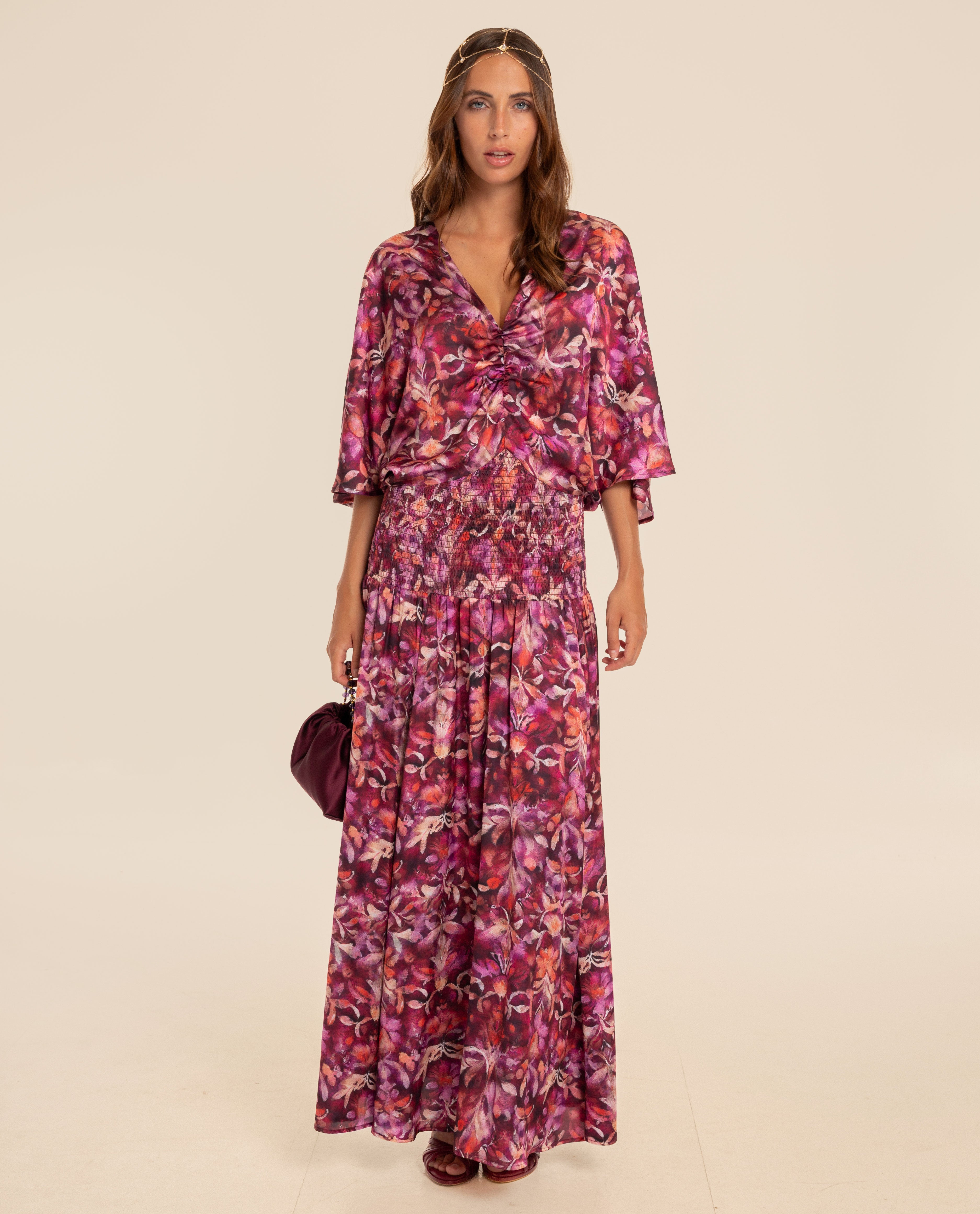 Vestido Midi Franzido com Favo de Mel e Decote em V Rosa-2