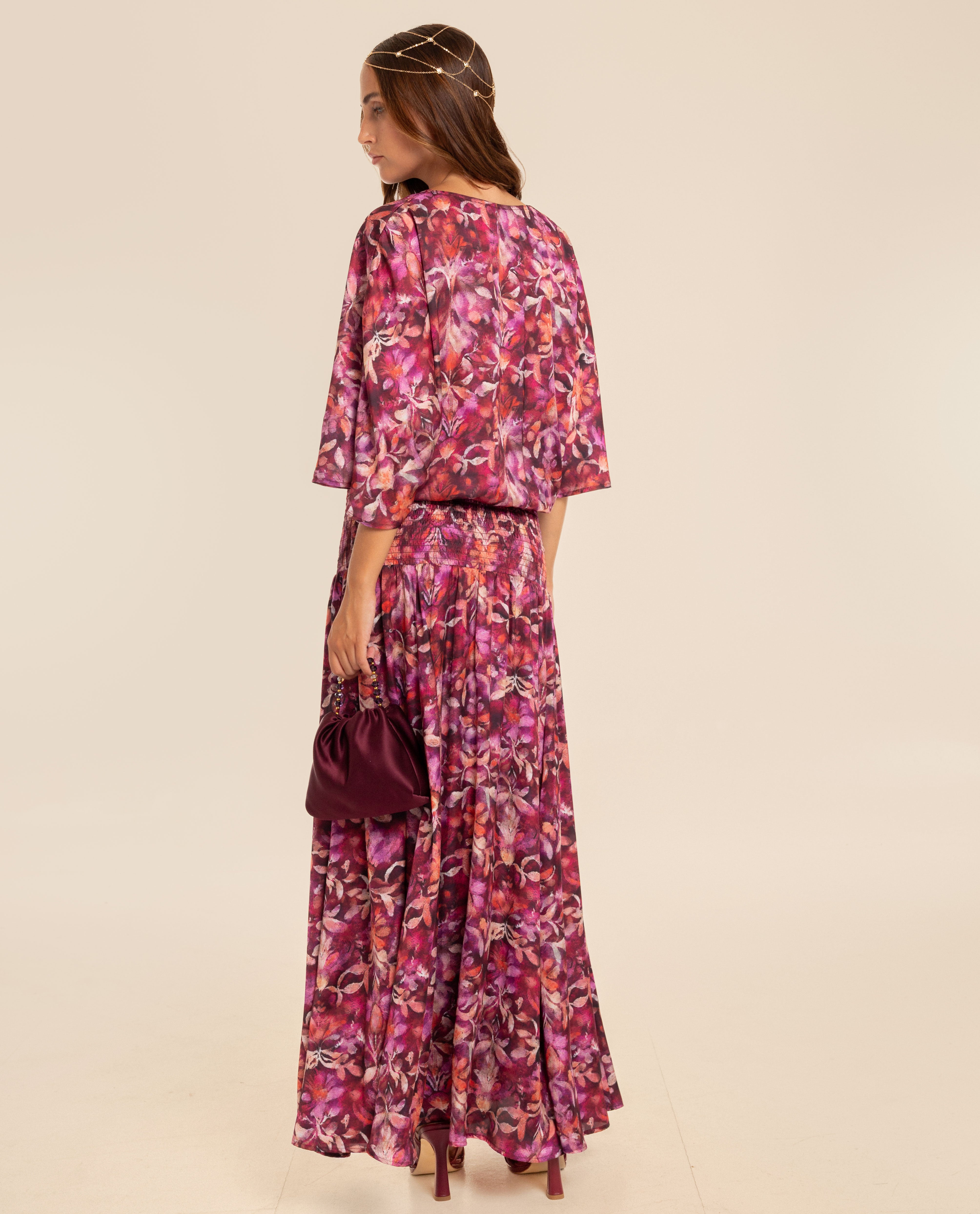 Vestido Midi Franzido com Favo de Mel e Decote em V Rosa-3