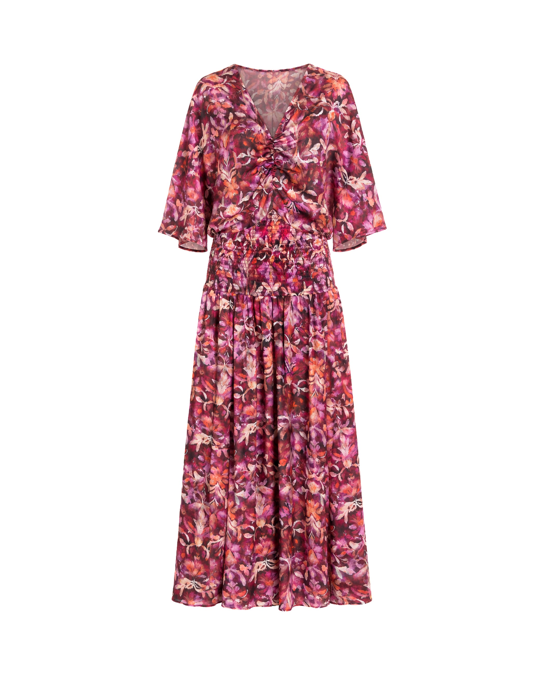 Vestido Midi Franzido com Favo de Mel e Decote em V Rosa-5